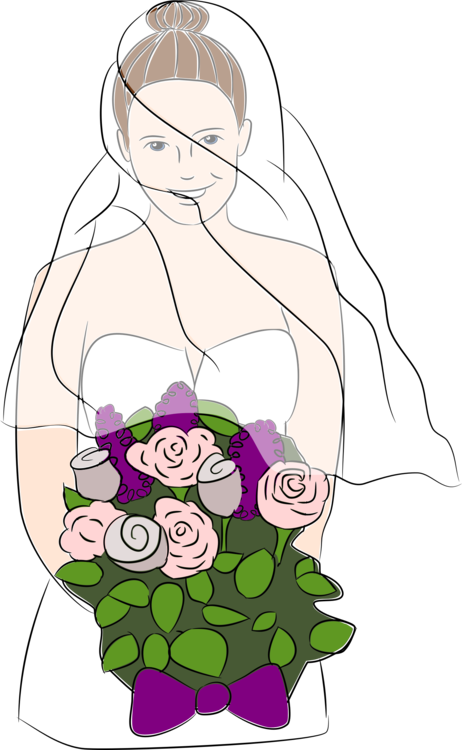 Marriage Clipart 桌布 壁紙 — 一位微笑的新娘戴著白色頭紗，手持一束粉紅玫瑰和紫色花朵，繫著紫色蝴蝶結。