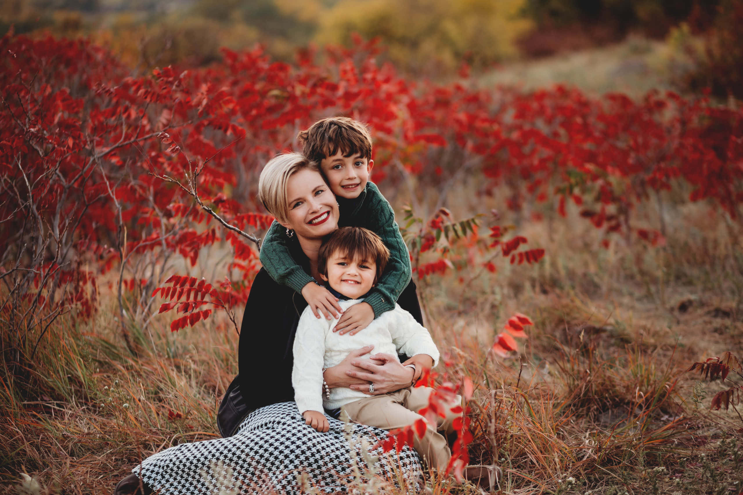 Fall Family 桌布 壁紙 — 一位微笑的母親在柔和的金色光線下，於一片鮮紅的秋葉田野中擁抱她的兩個兒子。