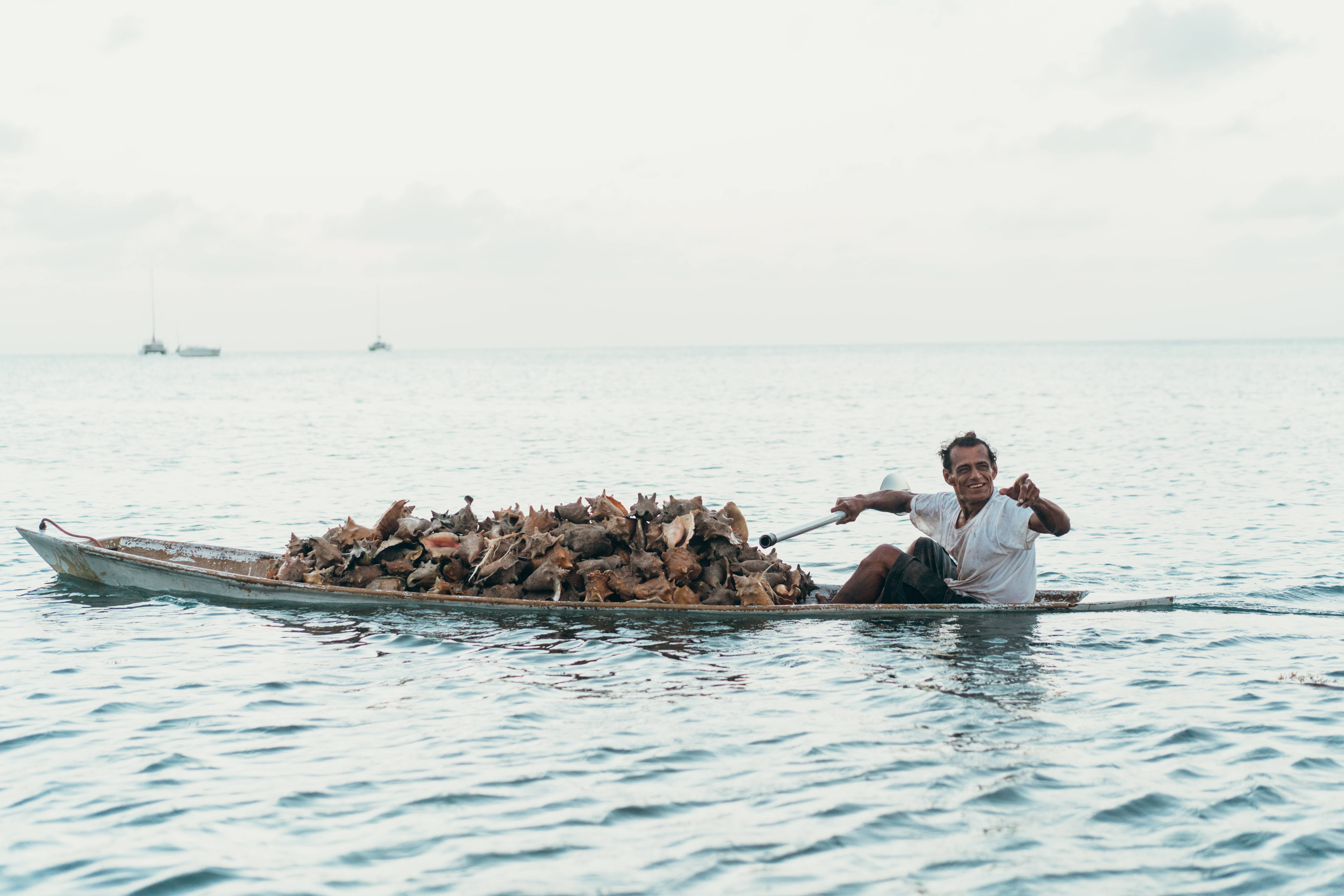 Belize 桌布 壁紙 — 一位微笑的漁夫划著一艘載滿乾魚的小船，在陰天下的平靜海面上前行。