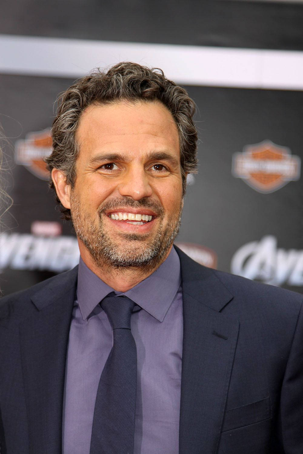 Mark Ruffalo 桌布 壁紙 — 一位微笑的男子，灰白頭髮和鬍鬚，身穿深色西裝和紫色襯衫，背景是Marvel復仇者聯盟。