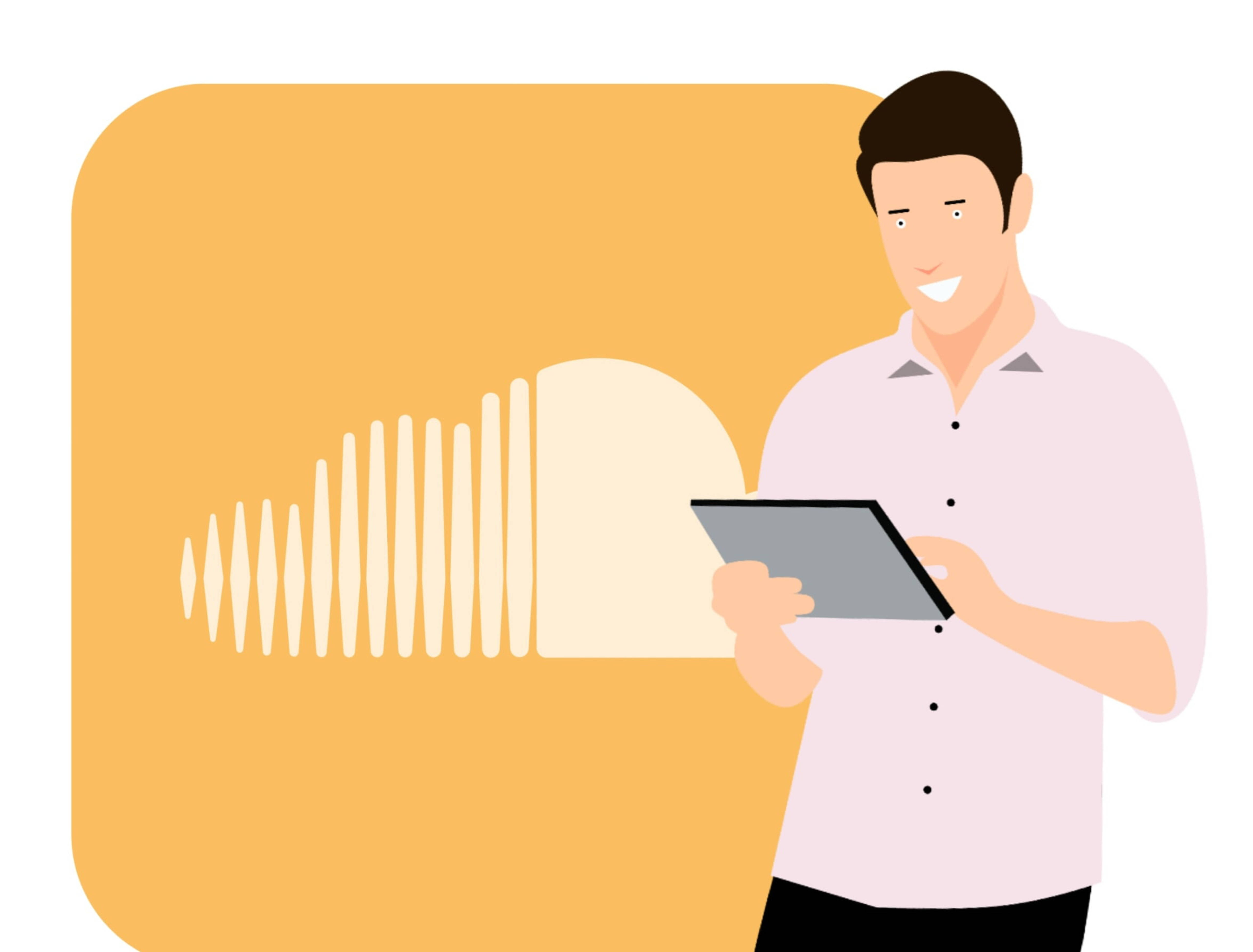 Soundcloud 桌布 壁紙 — 一位微笑的男子身穿淺色襯衫，在溫暖的黃色背景上，手持一台背後有聲波圖形的平板電腦。