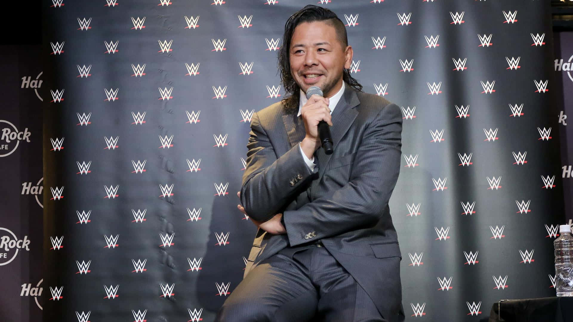 WWE 桌布 壁紙 — 一位微笑的男子身穿灰色西裝，坐在WWE品牌背景前，手持麥克風。