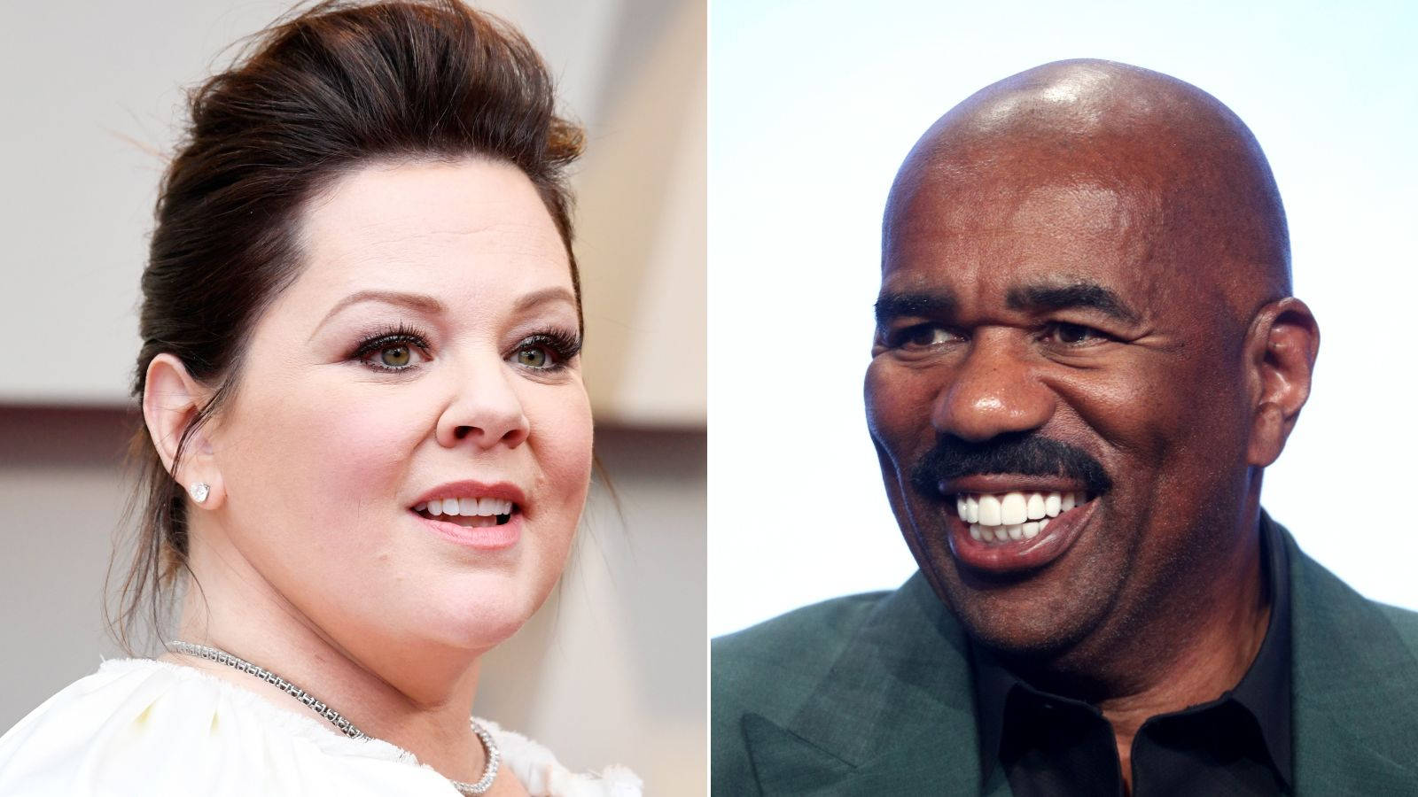 steve harvey 桌布 壁紙 — 一位微笑的白襯衫女性和一位大笑的綠色西裝男性的分割肖像，背景為純色。