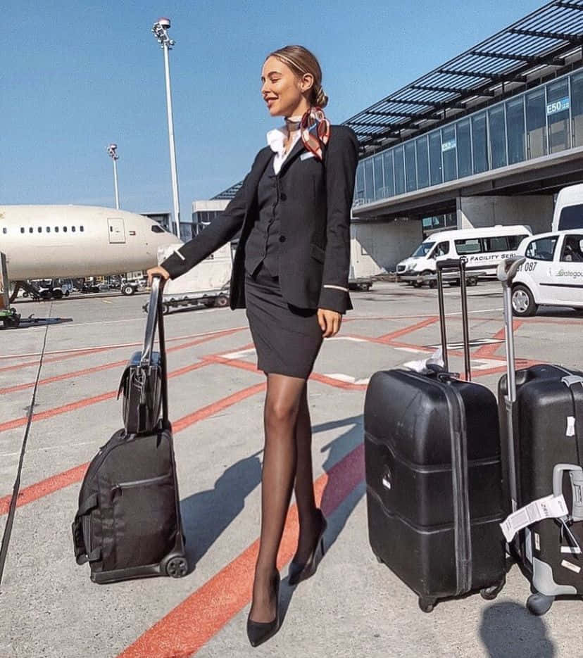 Aircraft 桌布 壁紙 — 一位微笑的空服員穿著制服，在機場停機坪上拉著一個滾輪行李箱，背景有飛機和航廈。