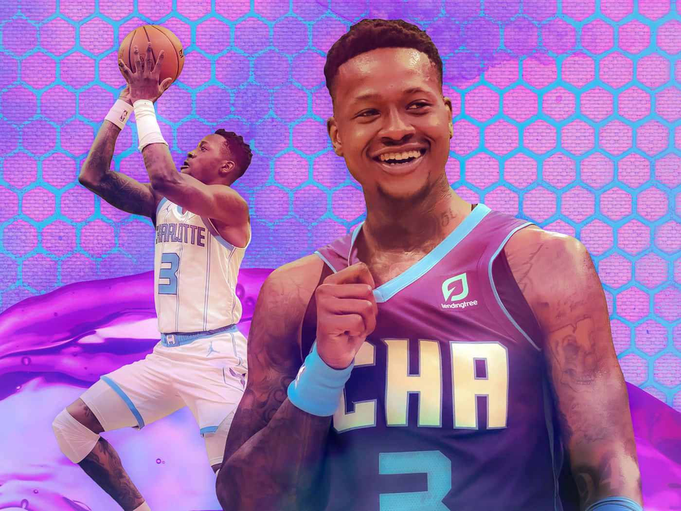 NBA 桌布 壁紙 — 一位微笑的籃球運動員穿著紫色球衣，在充滿活力的紫色六邊形背景前擺姿勢，背景是他投籃的動態動作照片。