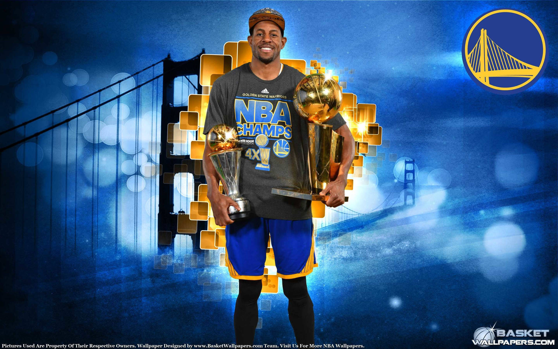 NBA冠軍籃球運動員手持獎盃，背景為金門大橋。