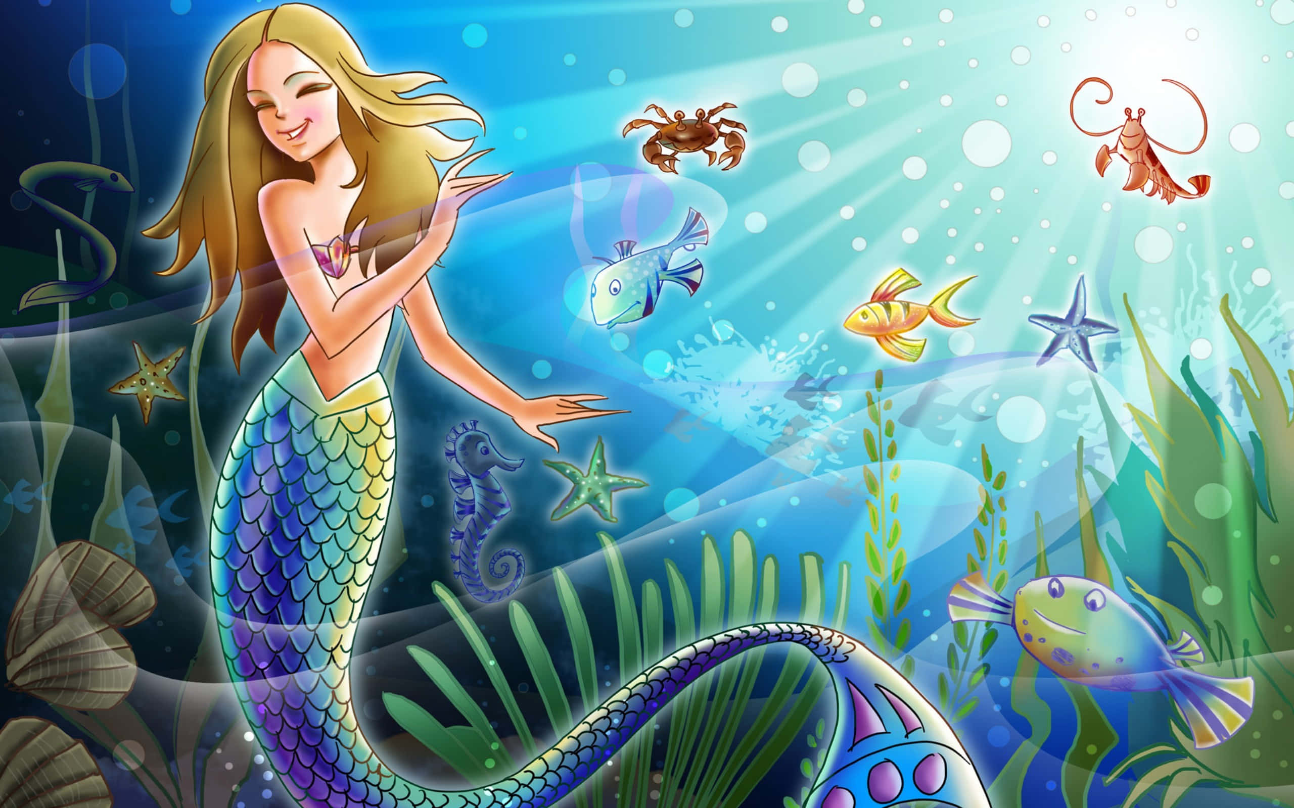 水下動畫 桌布 壁紙 — 一位微笑的美人魚，擁有飄逸的金色長髮和色彩繽紛的尾巴，在發光的水生植物和頑皮的海洋生物中揮手。