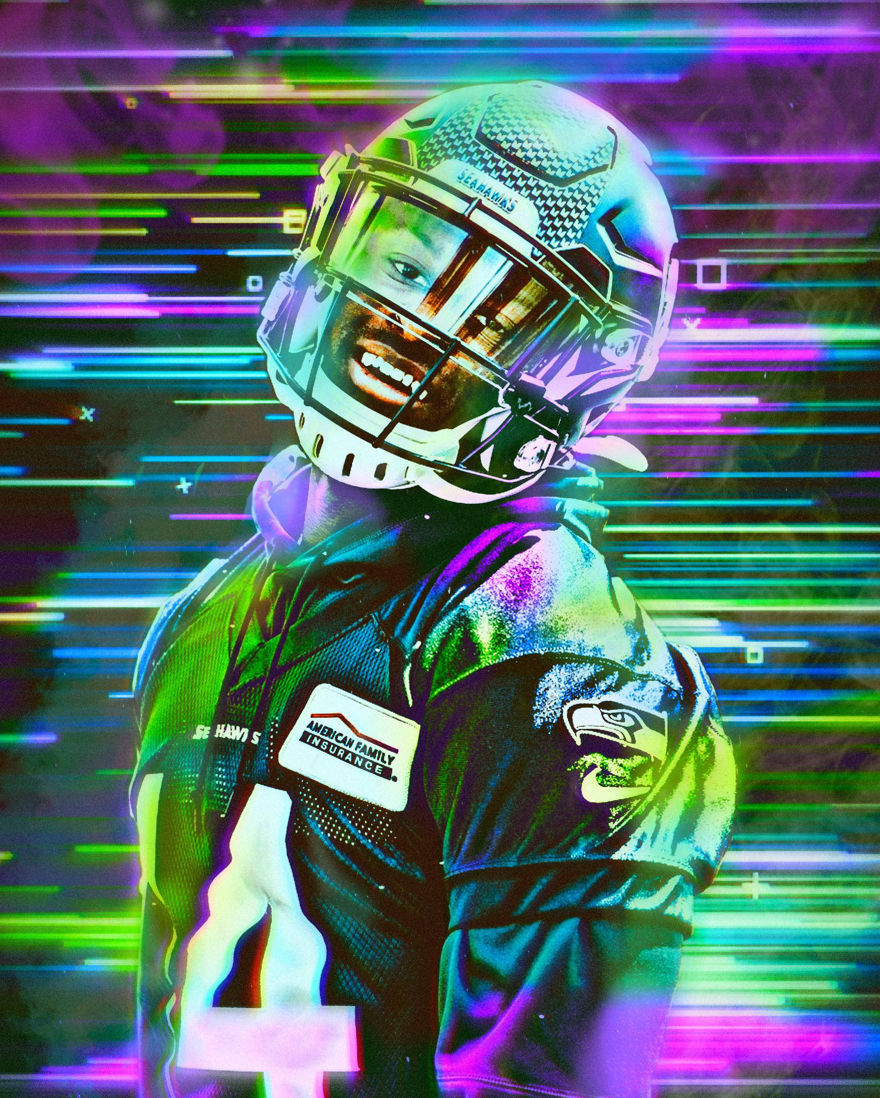 Dk 桌布 壁紙 — 一位微笑的美式足球員，戴著Seahawks頭盔和球衣，站在充滿活力的霓虹故障效果背景前。