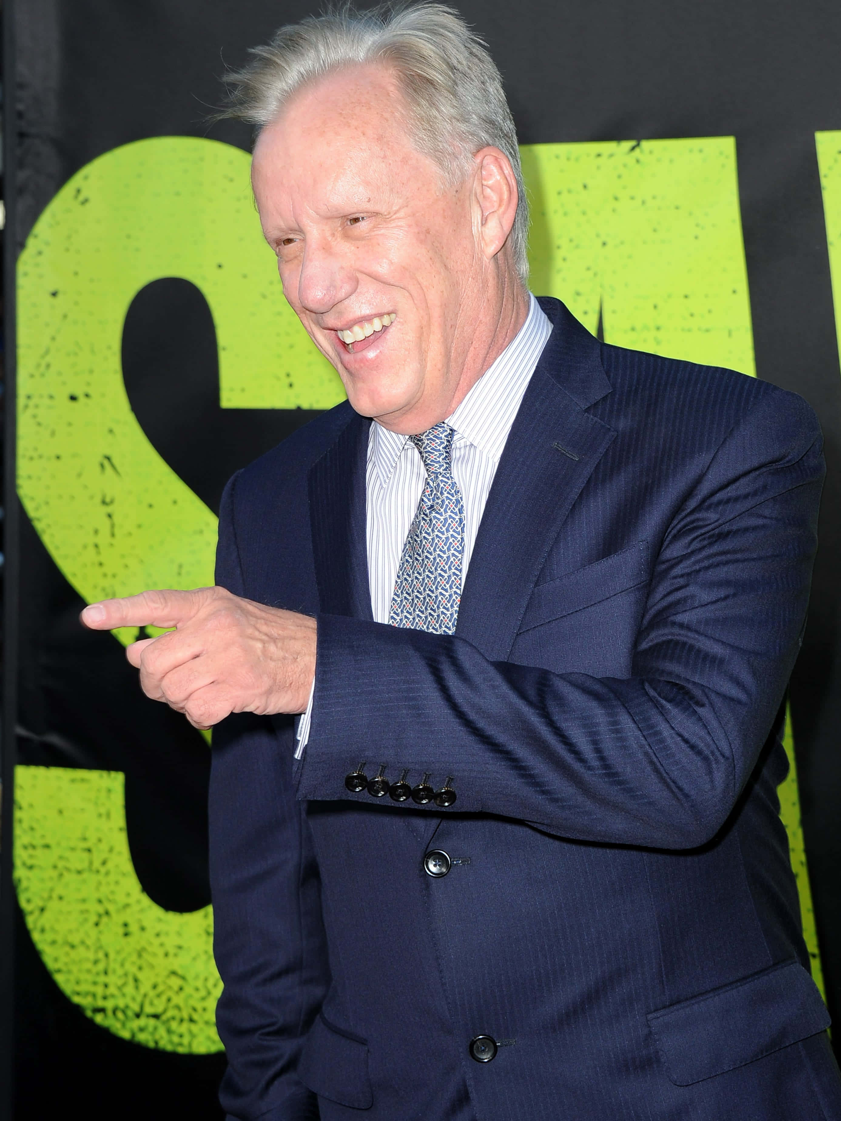 James Woods 桌布 壁紙 — 一位微笑的老年男士身穿海軍藍西裝，在明亮的綠色圖形背景前俏皮地指著。