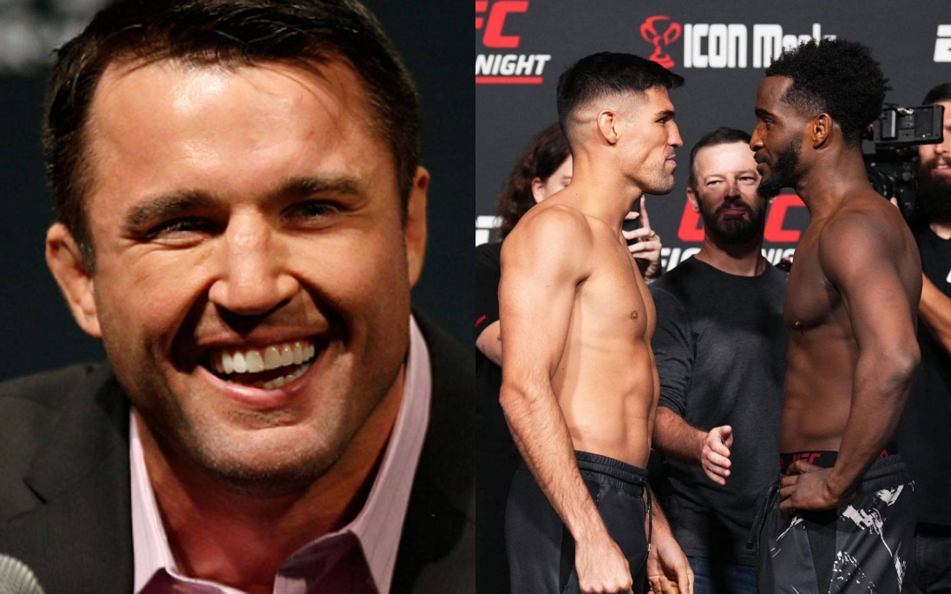 UFC 桌布 壁紙 — 一位微笑的西裝男子站在兩位赤裸上身的UFC拳手對峙場景旁。