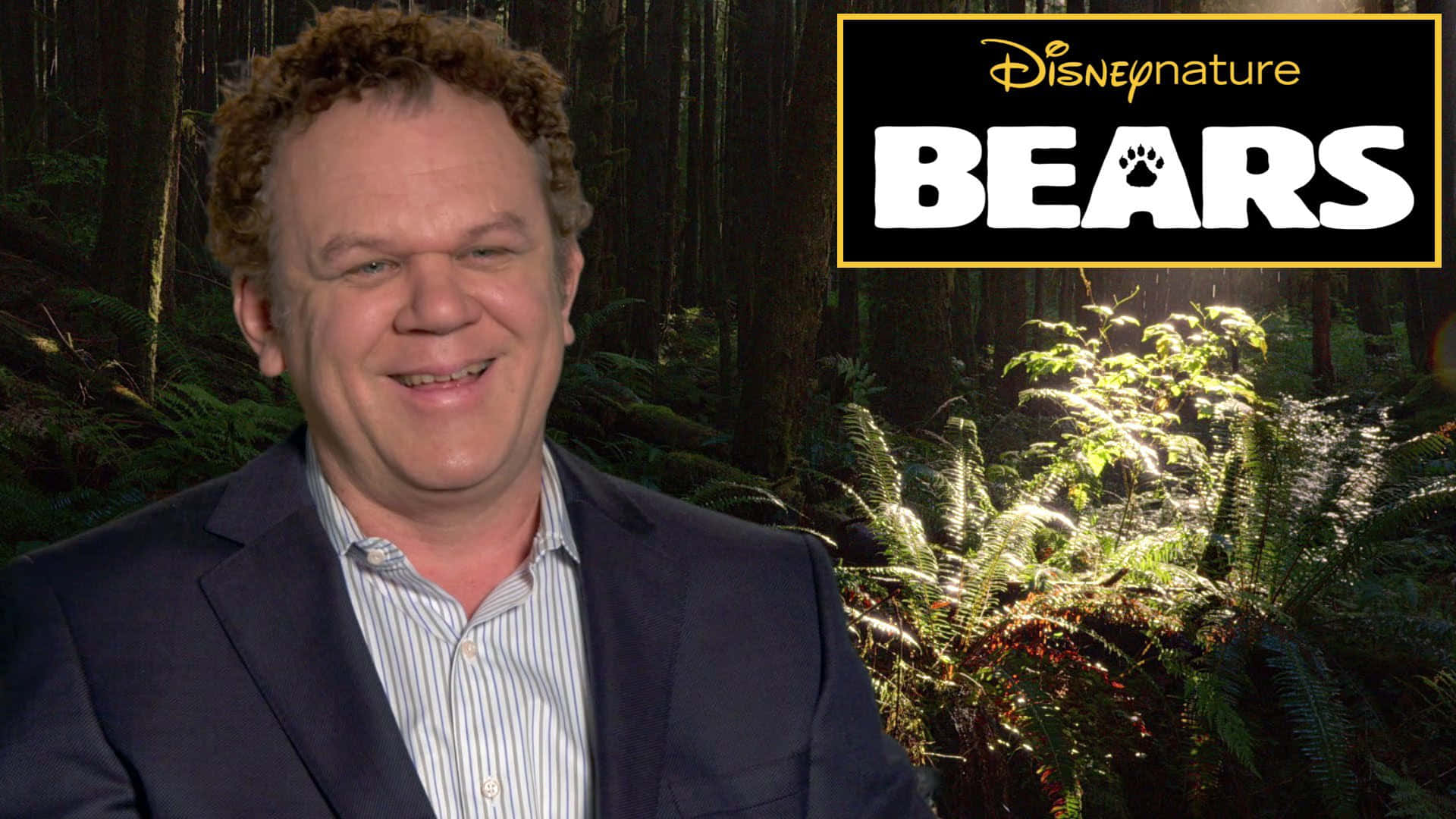 John C. Reilly 桌布 壁紙 — 一位微笑的西裝男子站在陽光普照的森林背景前，帶有DisneyNature Bears標誌。