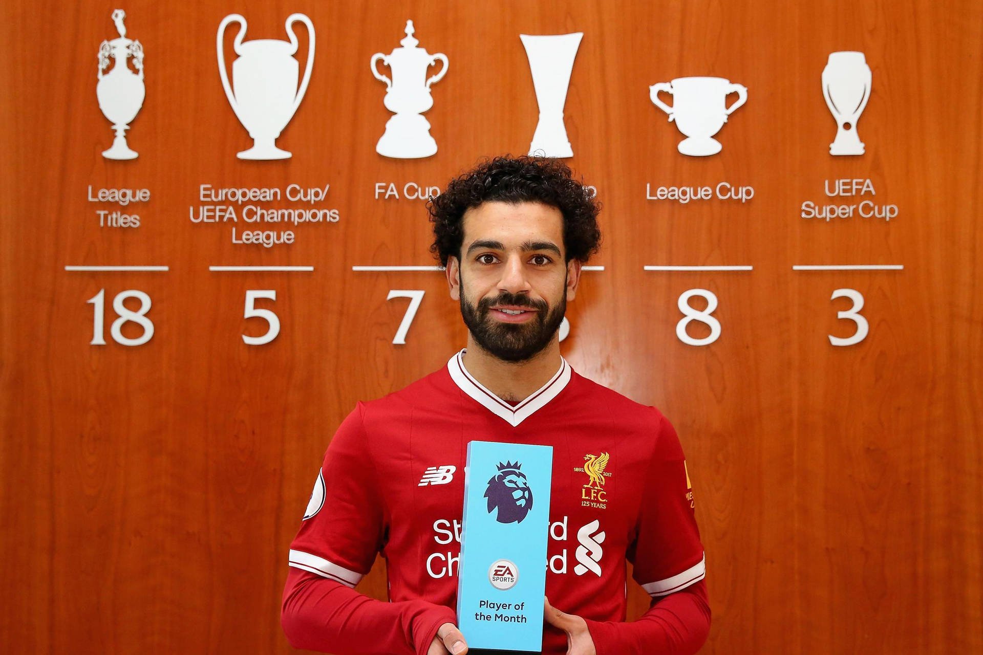 Salah 桌布 壁紙 — 一位微笑的足球員身穿紅色利物浦球衣，在展示獎盃圖標和成就統計數據的木牆前手持「月度最佳球員」獎項。