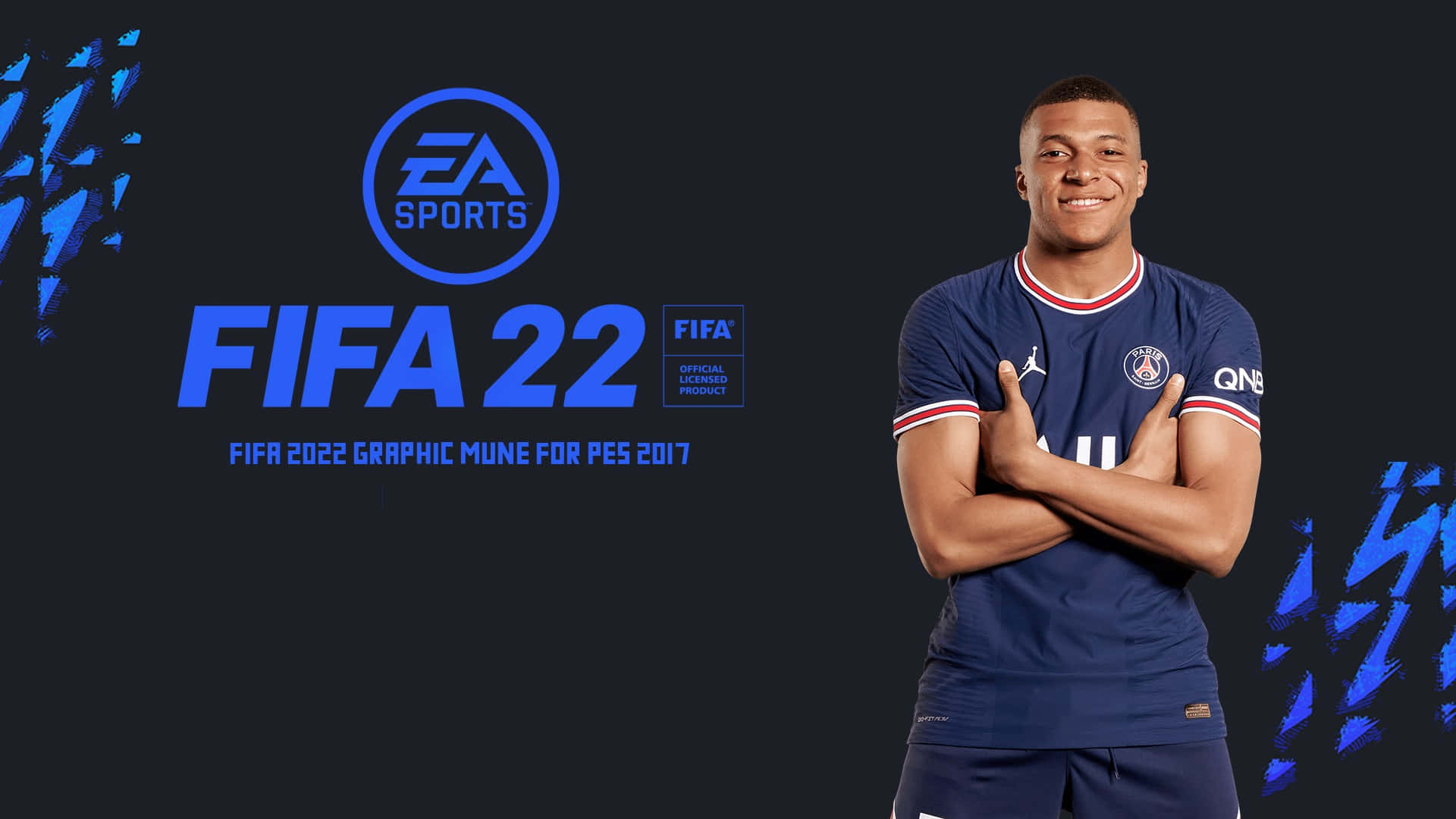 Fifa 22 桌布 壁紙 — 一位微笑的足球員身穿藍色巴黎聖日耳曼球衣，在深色背景上自信地交叉雙臂，背景有FIFA 22 EA Sports標誌和藍色圖形點綴。