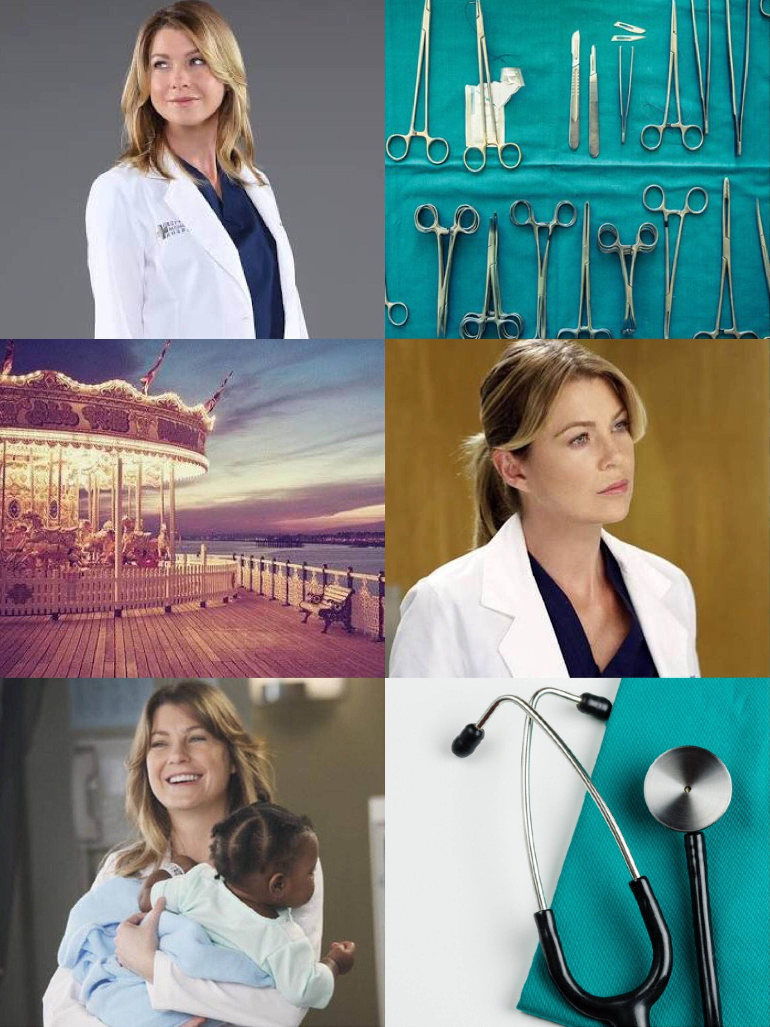 Ellen Pompeo 桌布 壁紙 — 一位微笑的醫生、手術工具、日落時的旋轉木馬、聽診器和一位抱著嬰兒的女子的拼貼畫。