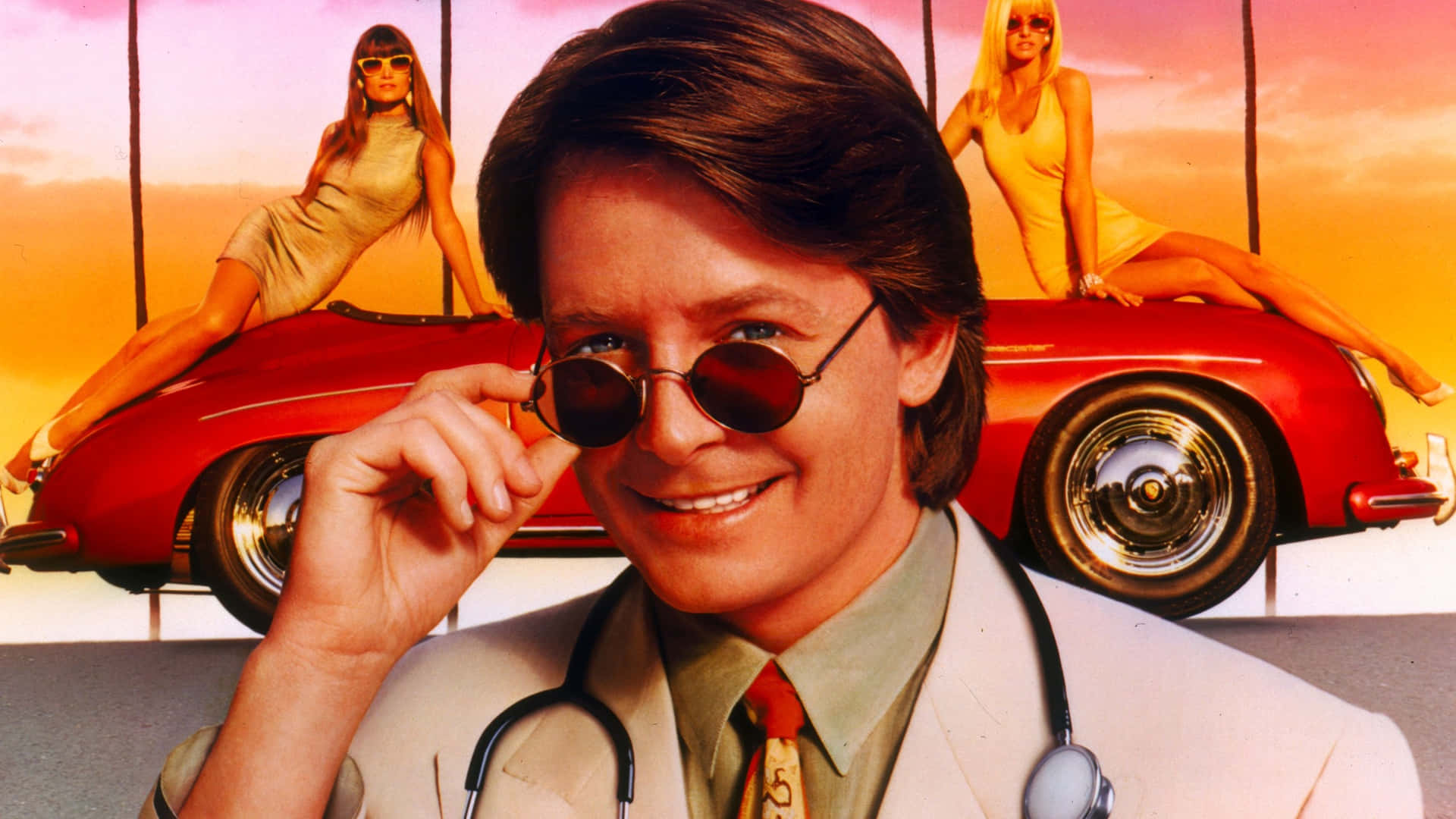 michael j fox 桌布 壁紙 — 一位微笑的醫生穿著白袍和太陽眼鏡，在紅色跑車和兩位女士的背景中調整眼鏡。