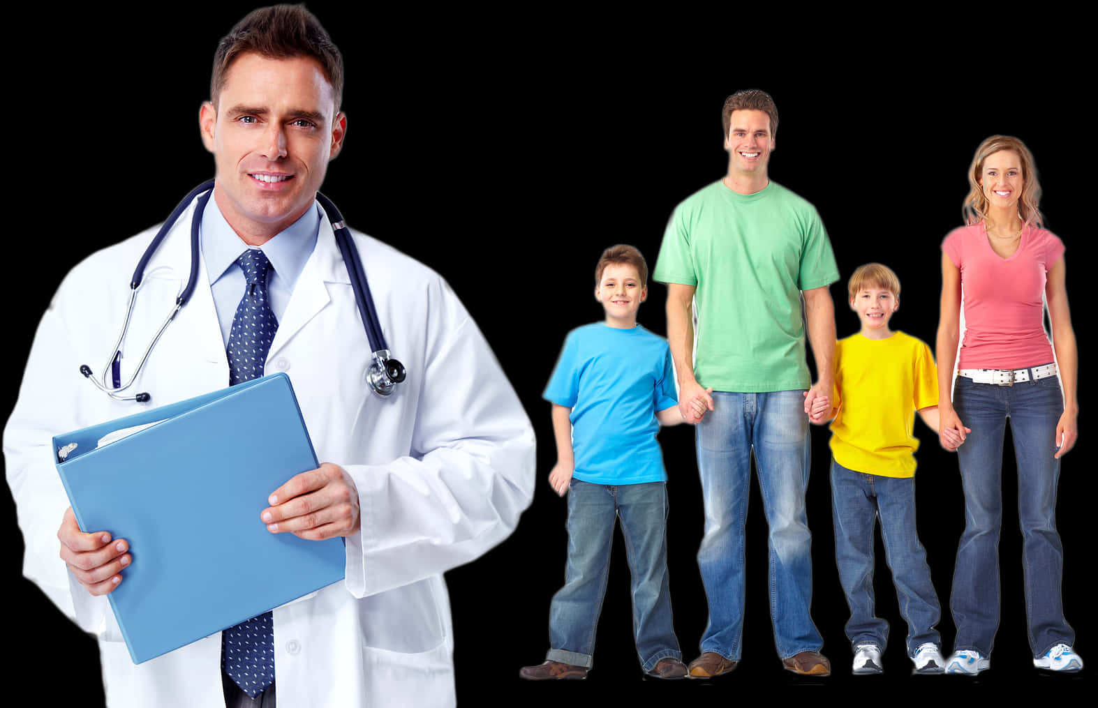 Family 桌布 壁紙 — 一位微笑的醫生身穿白袍，手持藍色文件夾，一個幸福的四口之家站在他旁邊，背景為黑色。