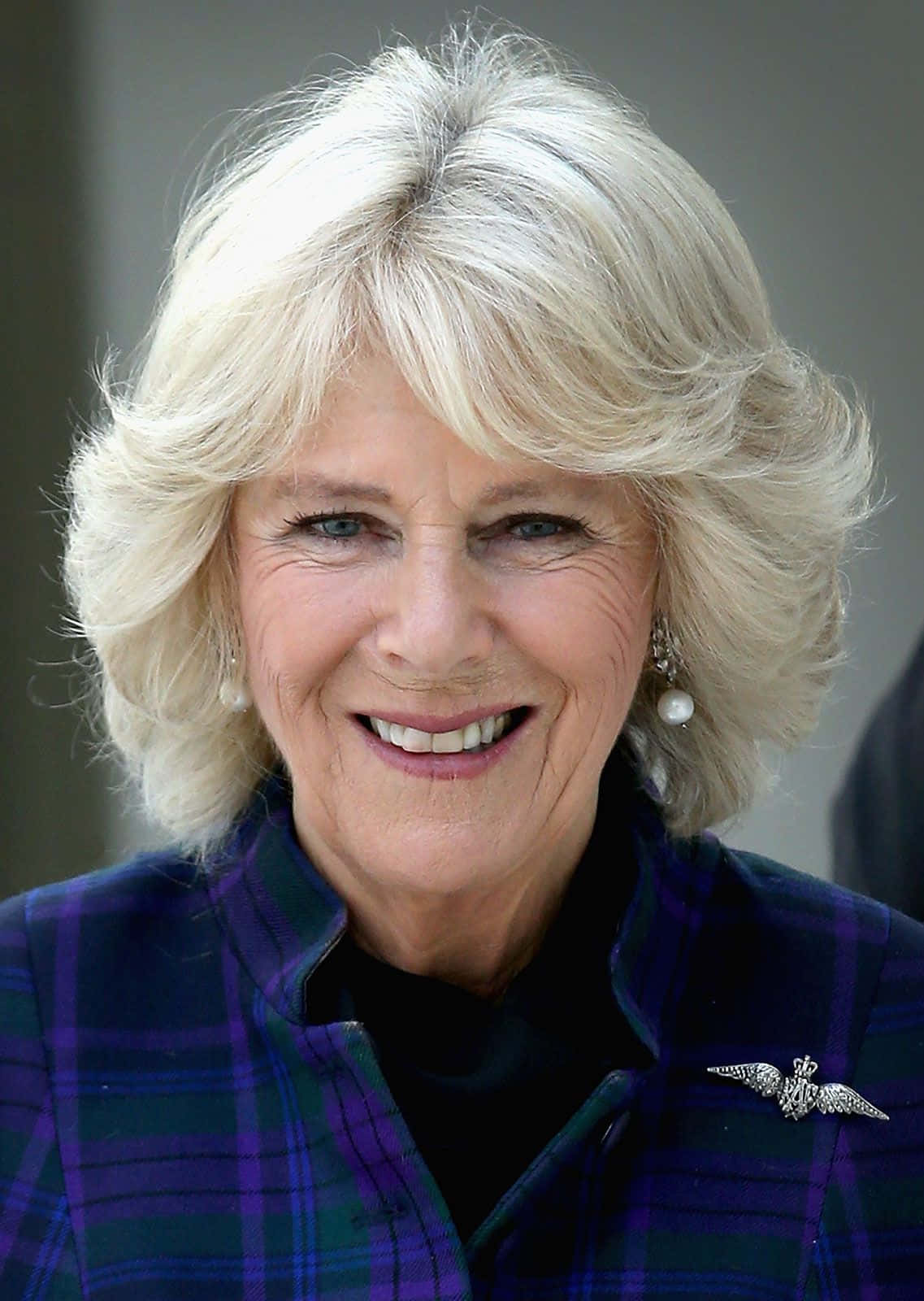 smiling 桌布 壁紙 — 一位微笑的金髮女子穿著紫色格子外套和帶翅膀的胸針的特寫肖像。