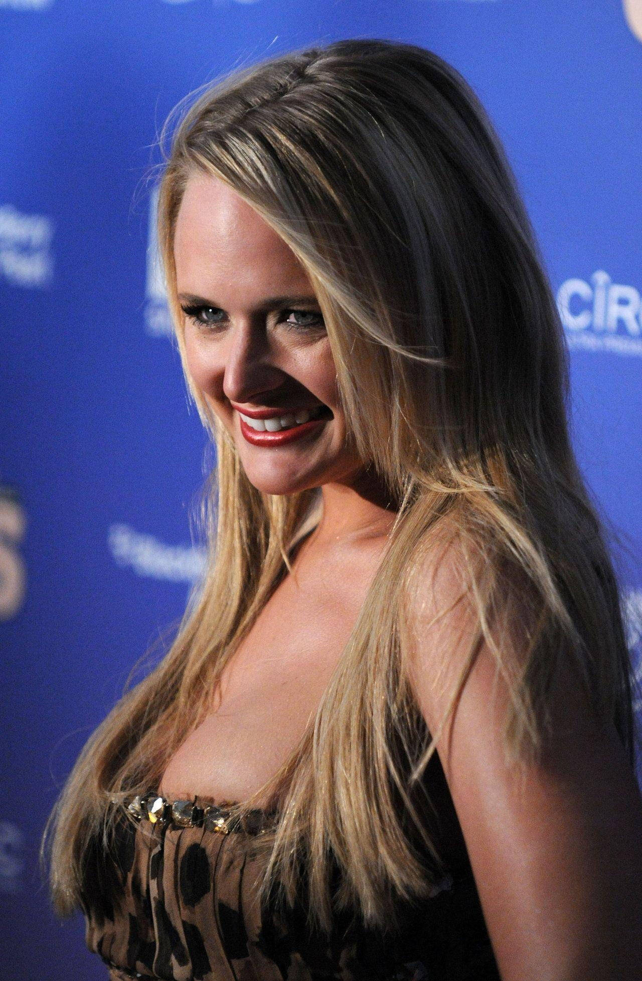 Miranda Lambert 桌布 壁紙 — 一位微笑的金髮女子穿著豹紋連衣裙，在帶有標誌的藍色活動背景前擺姿勢。