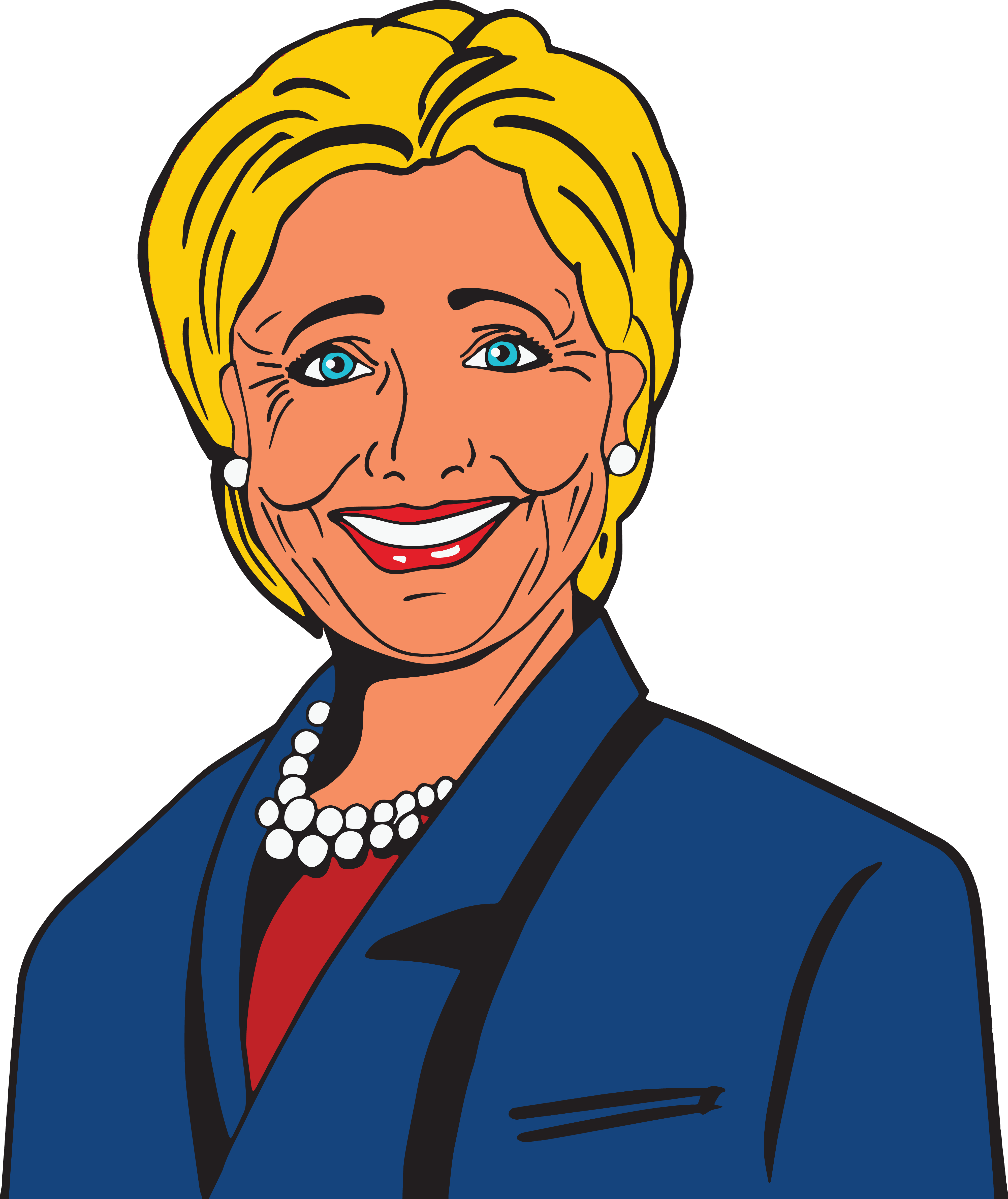 hillary 桌布 壁紙 — 一位微笑的金髮女性穿著藍色西裝和珍珠項鍊的鮮豔卡通肖像。