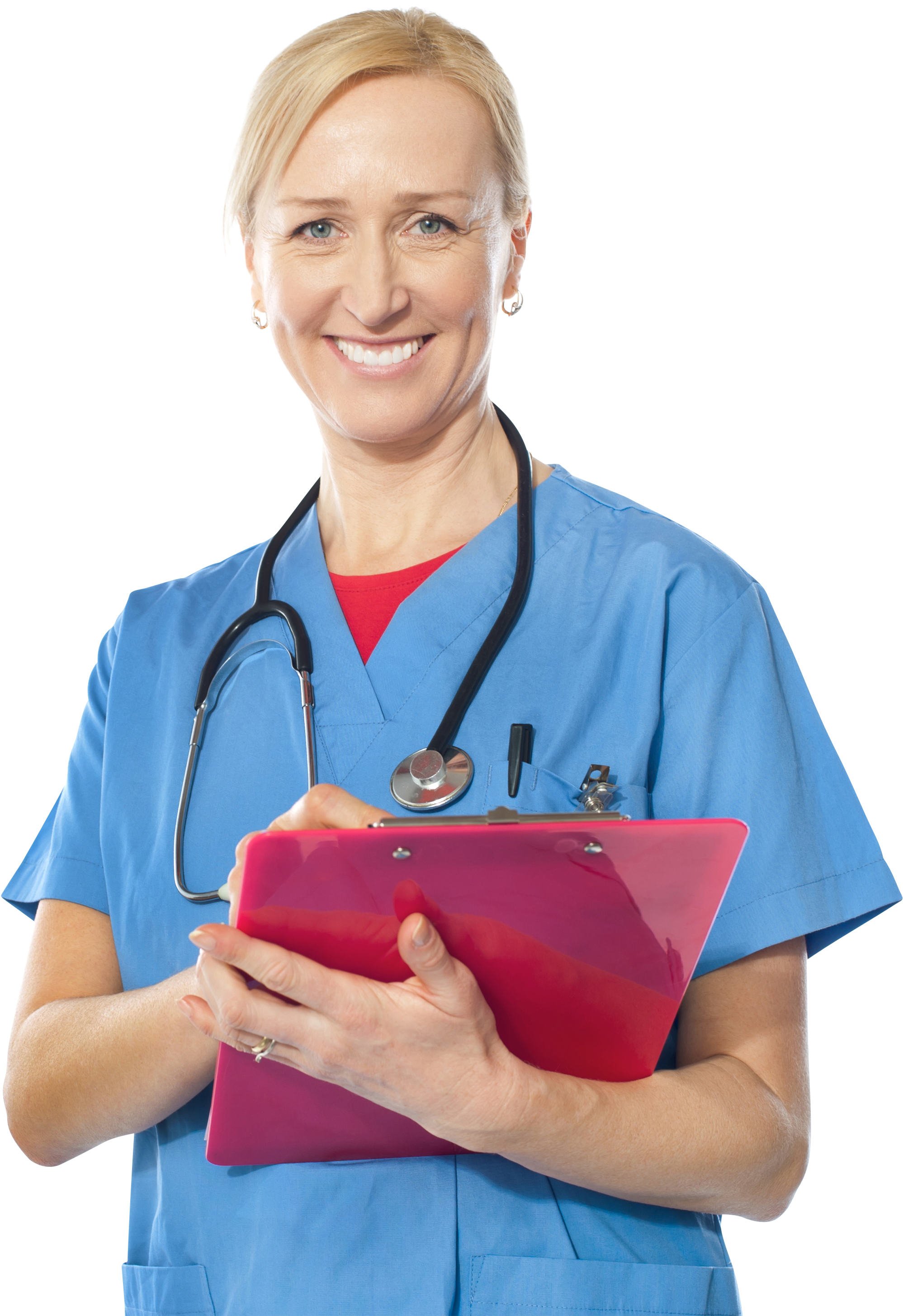 Physician 桌布 壁紙 — 一位微笑的金髮女護士穿著藍色手術衣，脖子上掛著聽診器，手持紅色剪貼板，背景為黑色。