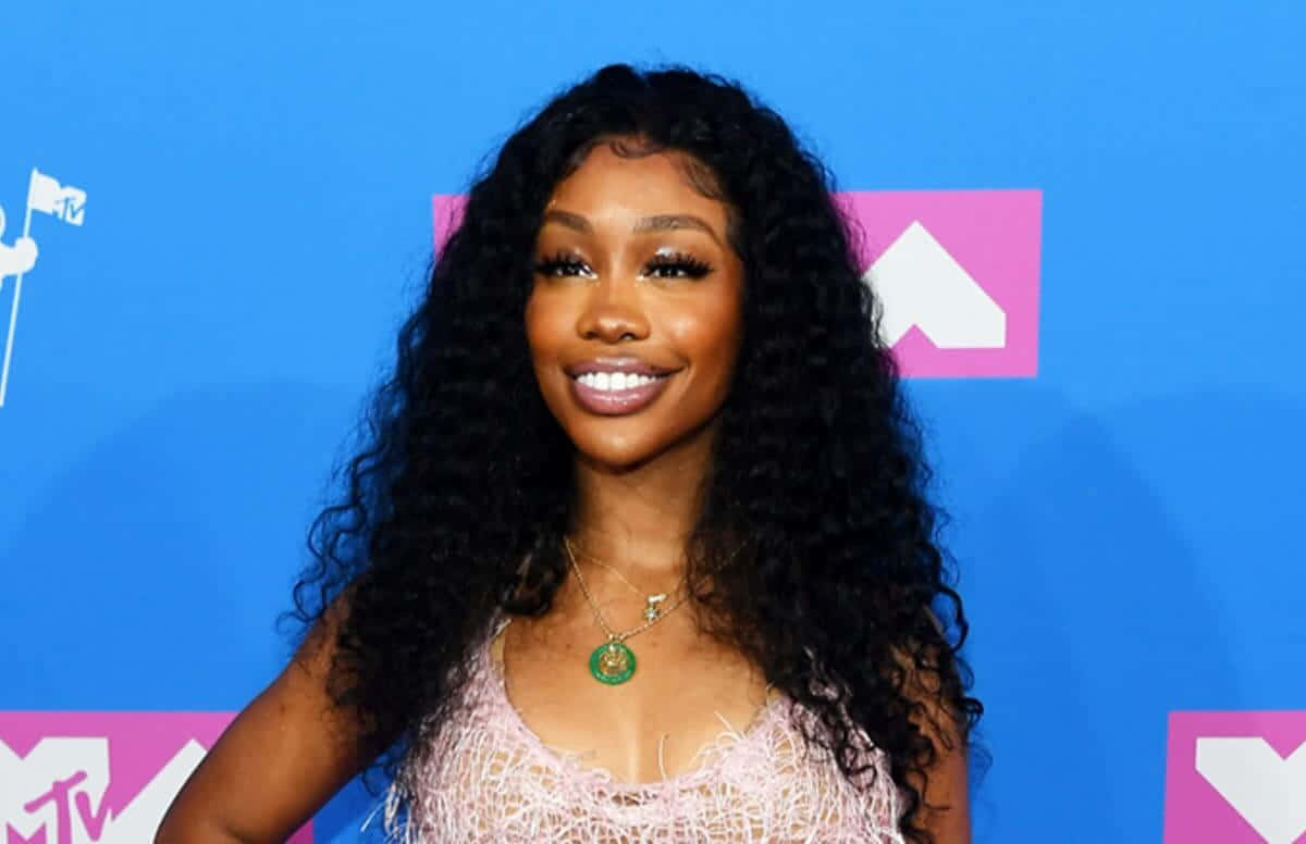 Celebrity 桌布 壁紙 — 一位微笑的長捲髮女性在藍色和粉紅色的MTV品牌背景前擺姿勢。