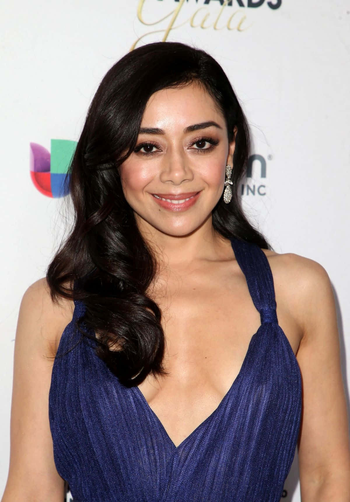 Aimee Garcia 桌布 壁紙 — 一位微笑的長髮深色女子在頒獎典禮上穿著深藍色質感連衣裙。