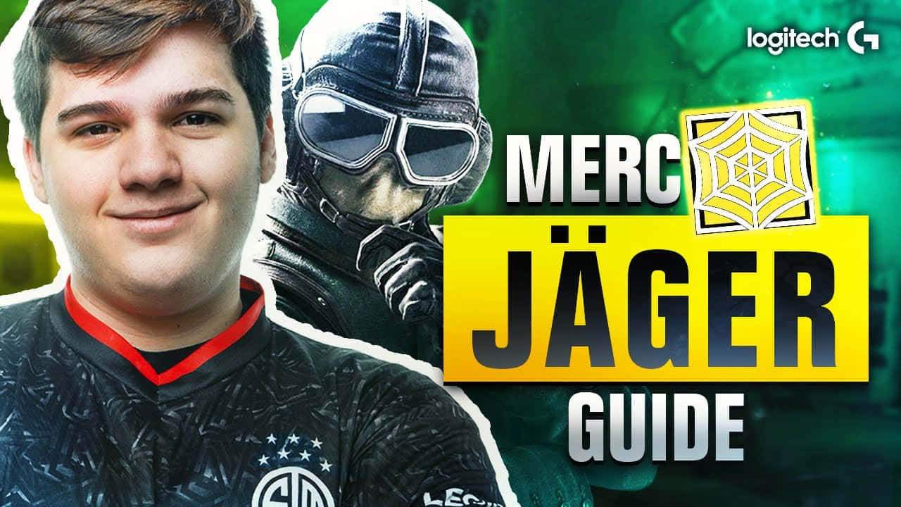 Rainbow Six Siege Jager 桌布 壁紙 — 一位微笑的電競選手身穿黑色球衣，站在綠色數位背景前，旁邊是來自Valorant的蒙面Jäger角色。