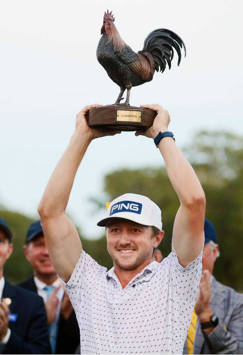 Trophy 桌布 壁紙 — 一位微笑的高爾夫球手勝利地將一個公雞獎盃高舉過頭，身後觀眾鼓掌歡呼。