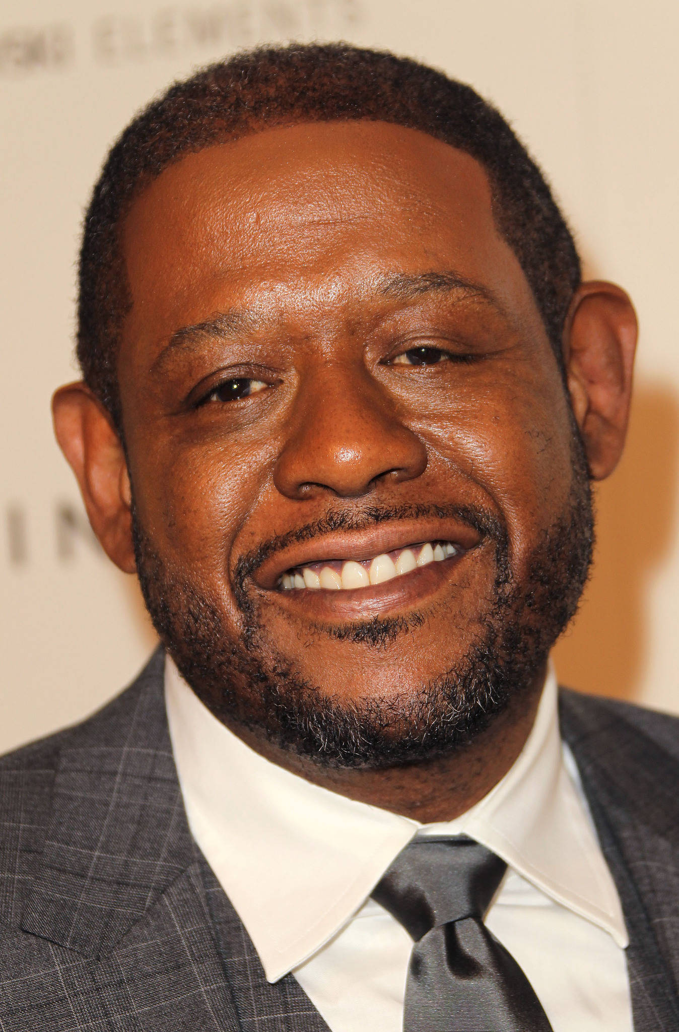 actor 桌布 壁紙 — 一位微笑的黑人男子身穿灰色西裝和黑色領帶，在米色背景下的特寫肖像。
