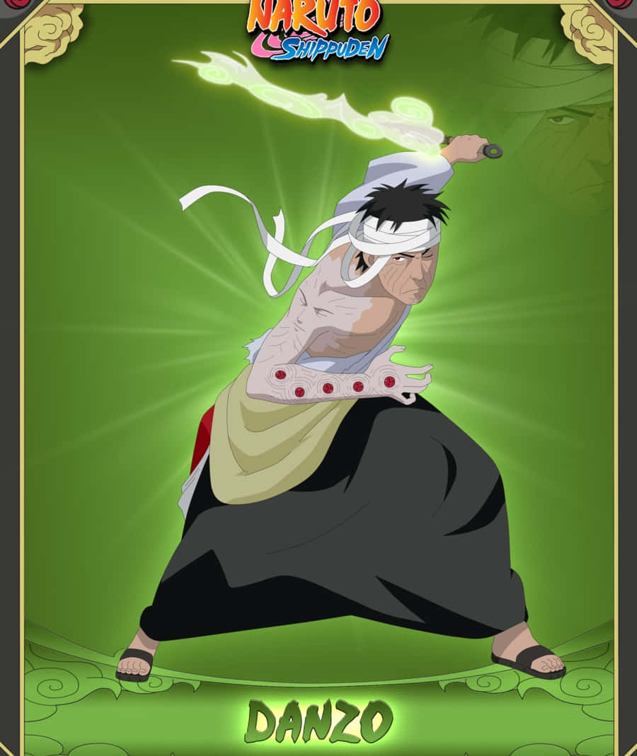 Danzo Shimura 桌布 壁紙 — 一位忍者戰士以動態戰鬥姿勢揮舞著發光的綠色劍，背景是耀眼的綠色。