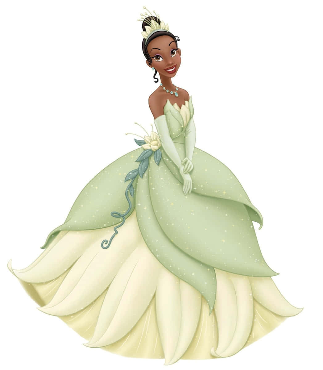 princess and the frog 桌布 壁紙 — 一位快樂的公主，身穿帶有花卉細節和閃亮裝飾的飄逸綠色和奶油色長袍。