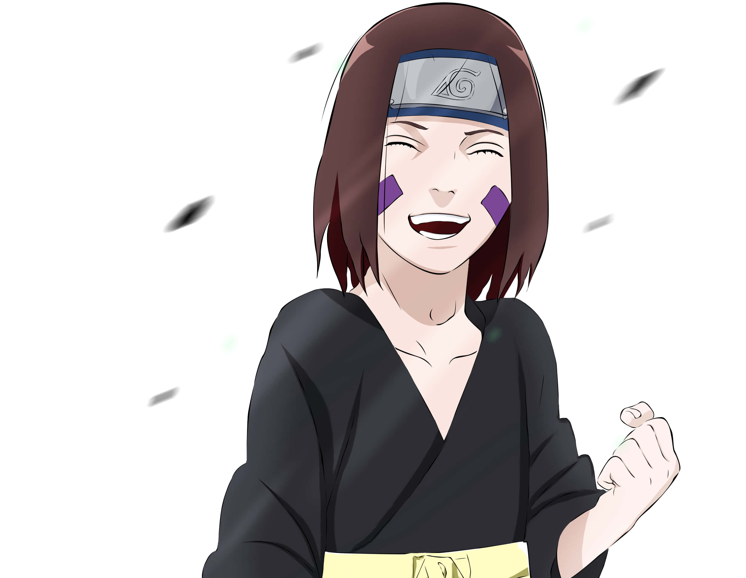 Rin Nohara 桌布 壁紙 — 一位快樂的動漫女孩，棕色頭髮，臉上帶有紫色標記，戴著忍者頭帶和黑色長袍，開懷大笑。