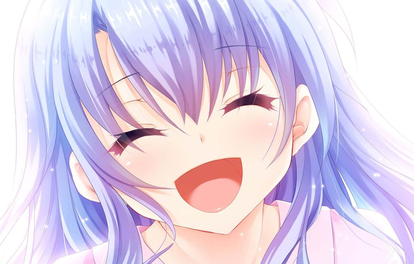 Laughing 桌布 壁紙 — 一位快樂的動漫女孩，長長紫色頭髮，在柔和發光的背景下燦爛大笑。