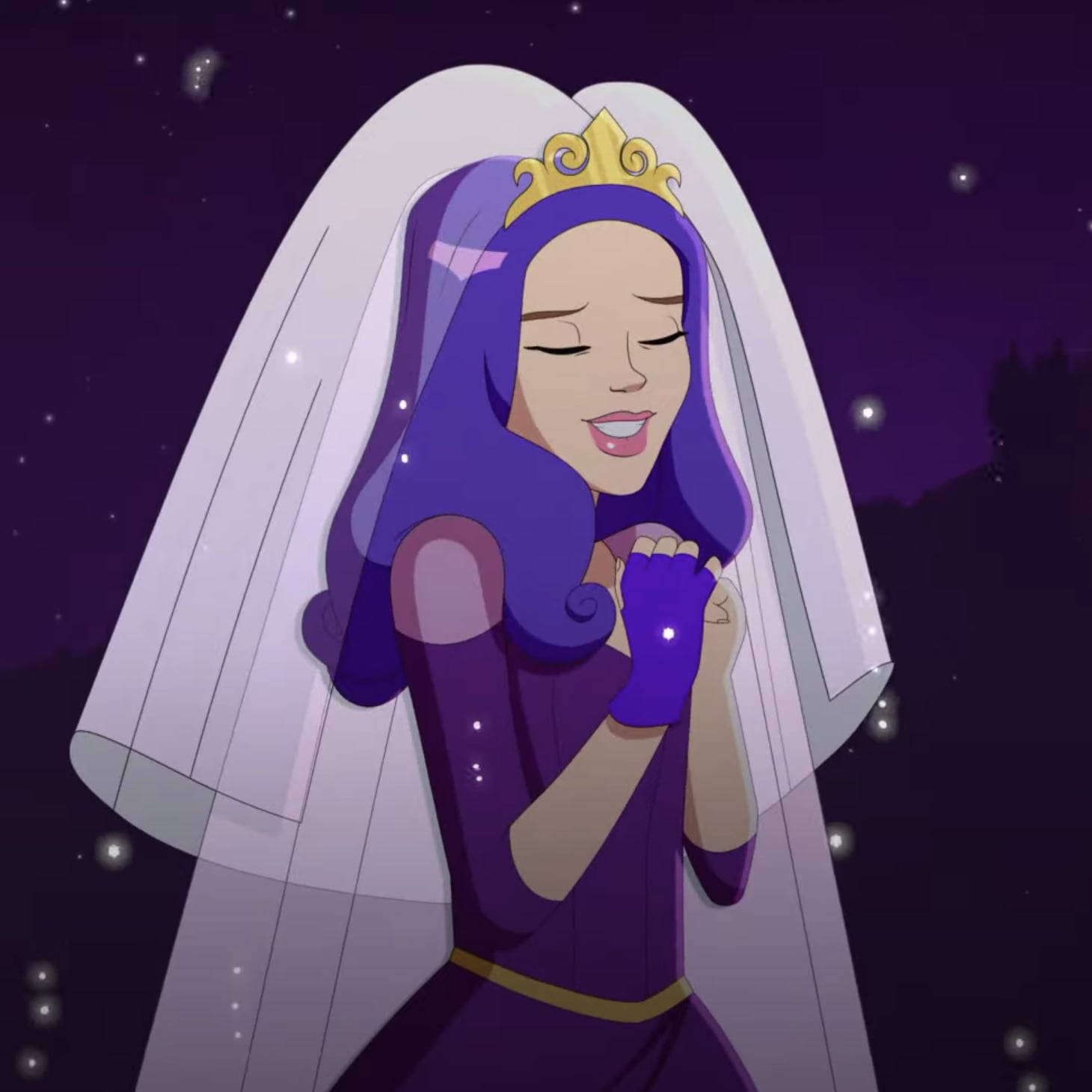 Descendants 桌布 壁紙 — 一位快樂的動漫新娘，紫色頭髮和頭紗，在星空下微笑。