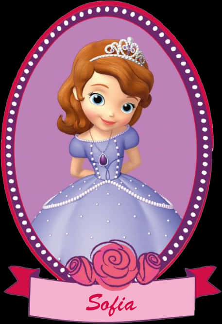 Sofia The First 桌布 壁紙 — 一位快樂的卡通公主，棕色頭髮和藍色眼睛，穿著紫色長袍和頭飾，在一個粉紅色橢圓形框架內，下方有玫瑰。