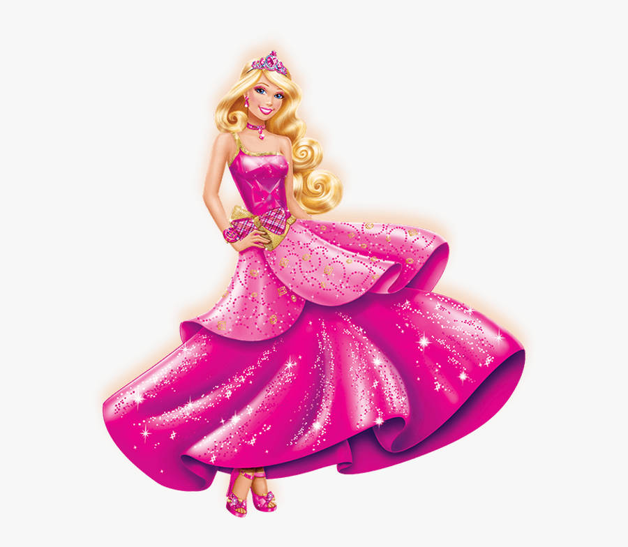Princess 桌布 壁紙 — 一位快樂的卡通公主，身穿閃亮粉紅色禮服，頭戴皇冠，金色捲髮，在素色背景前優雅地擺姿勢。