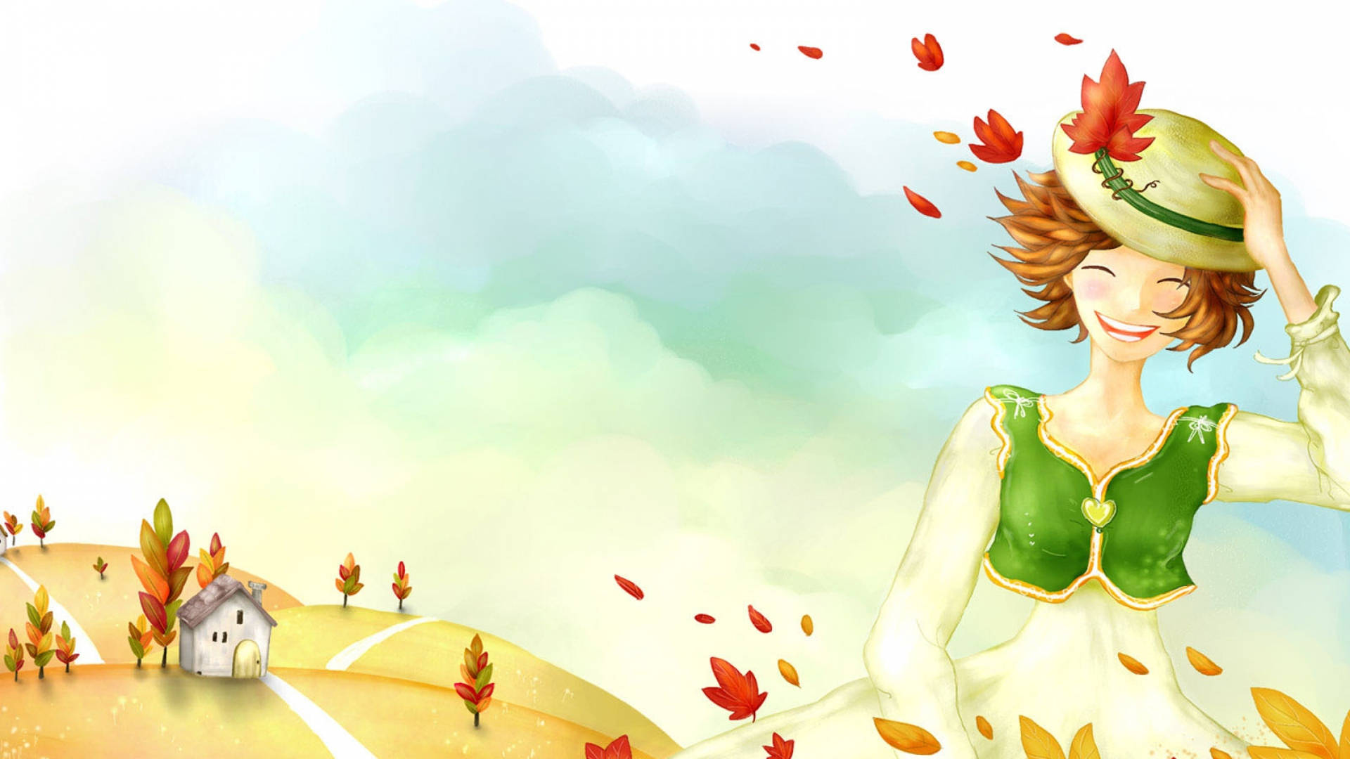 Cute Fall 桌布 壁紙 — 一位快樂的女人，身穿綠色背心，戴著飾有紅色楓葉的帽子，在金色的秋田中跳舞，葉子在她周圍旋轉。