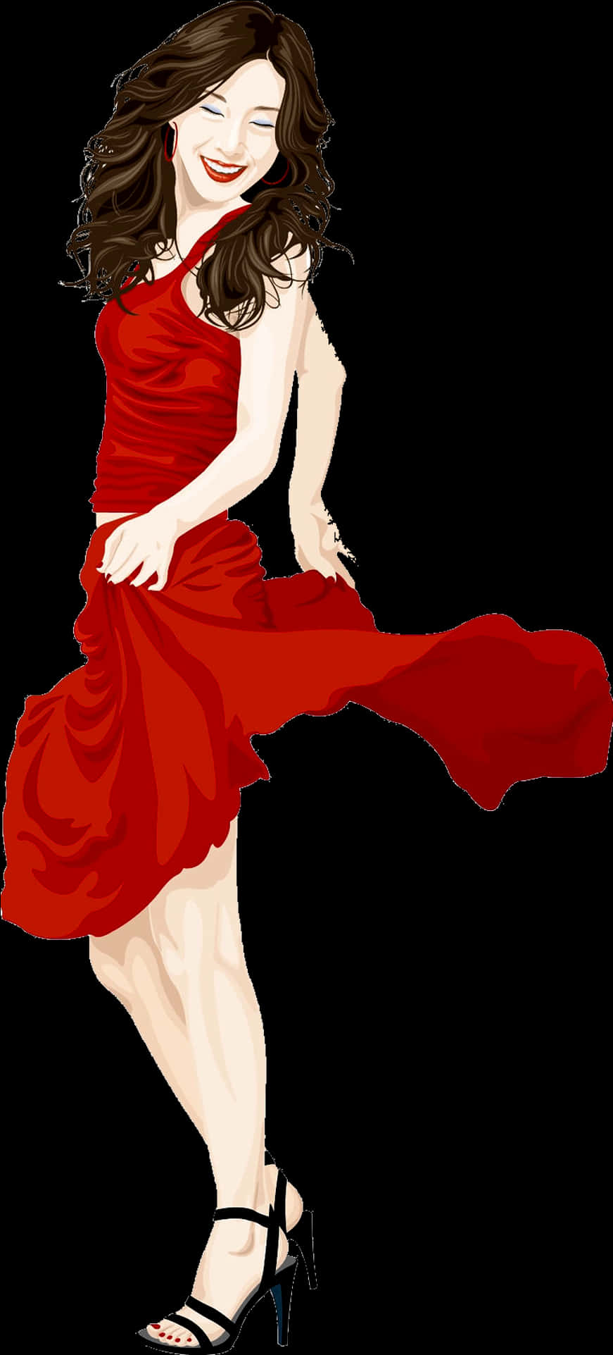 clothing 桌布 壁紙 — 一位快樂的女性穿著飄逸的紅色連衣裙，在純黑背景上優雅地旋轉。
