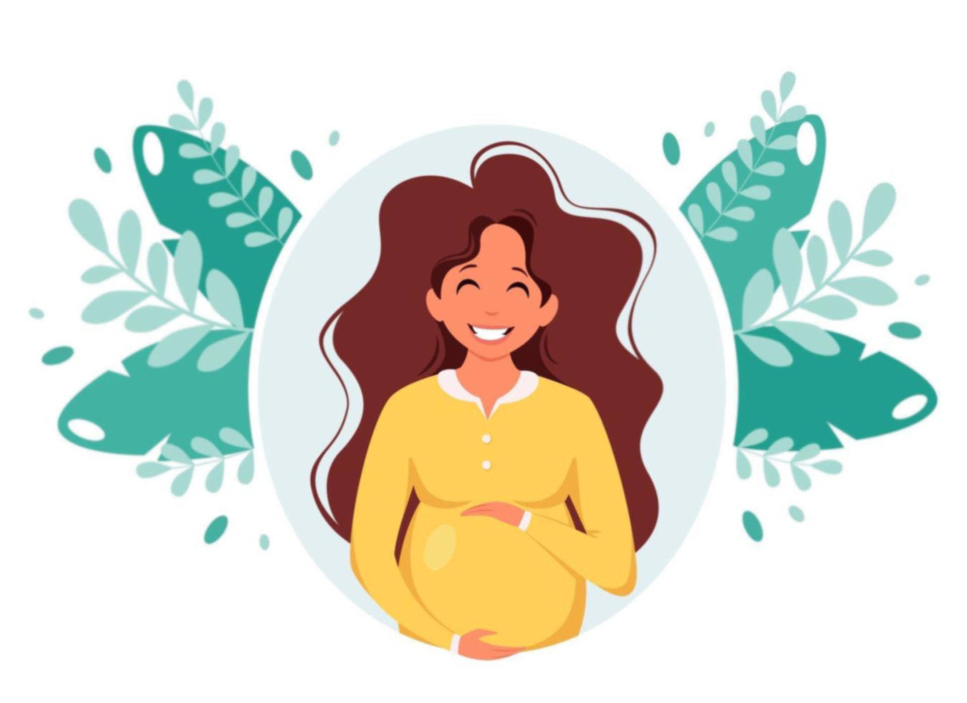 Pregnant 桌布 壁紙 — 一位快樂的孕婦，留著長長的棕色頭髮，微笑著抱著肚子，周圍是藍綠色樹枝的圓形設計。