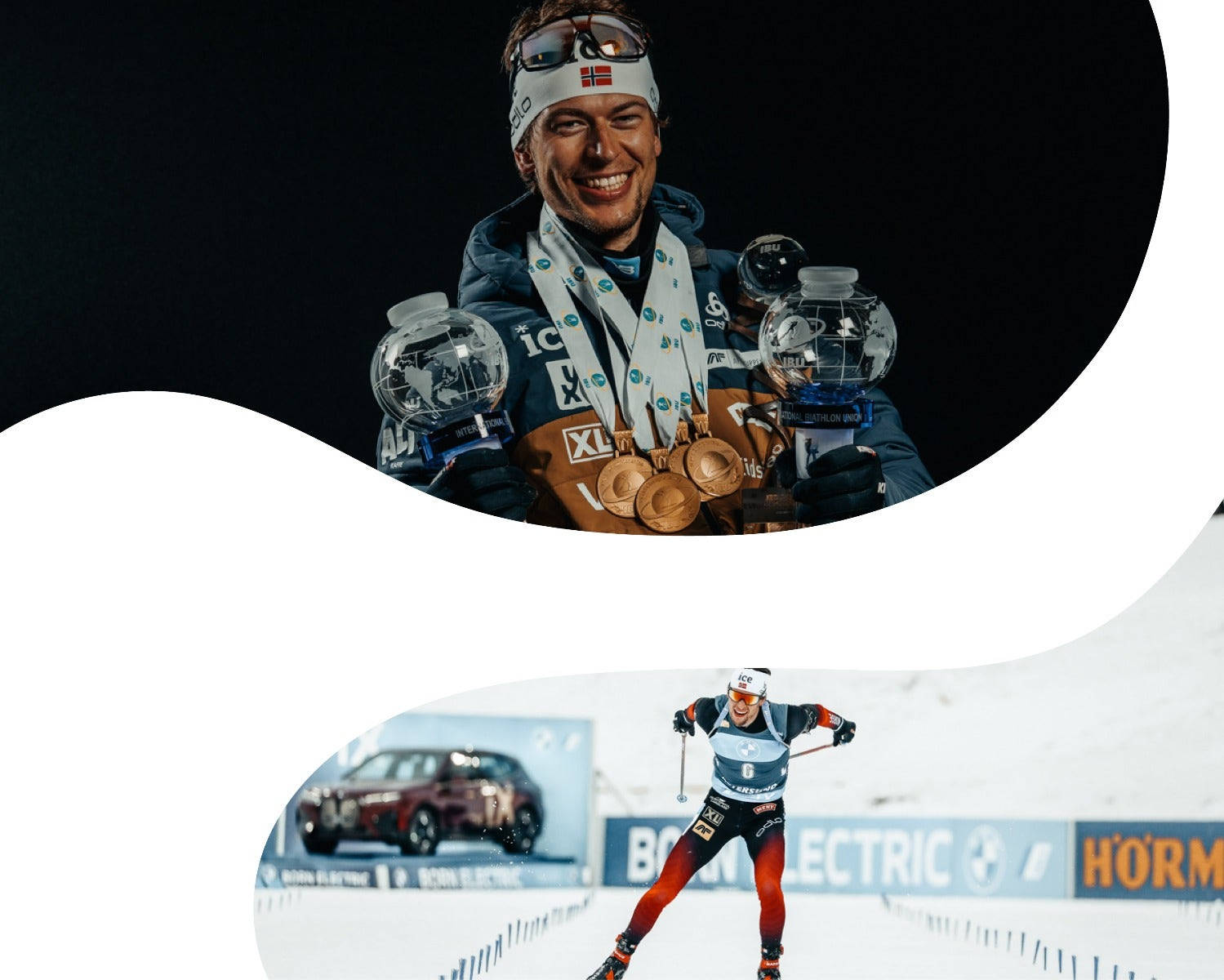 運動 桌布 壁紙 — 一位快樂的挪威滑雪選手在深色背景前微笑，手持獎盃和獎牌，分屏畫面顯示他在雪地賽道上比賽的瞬間。