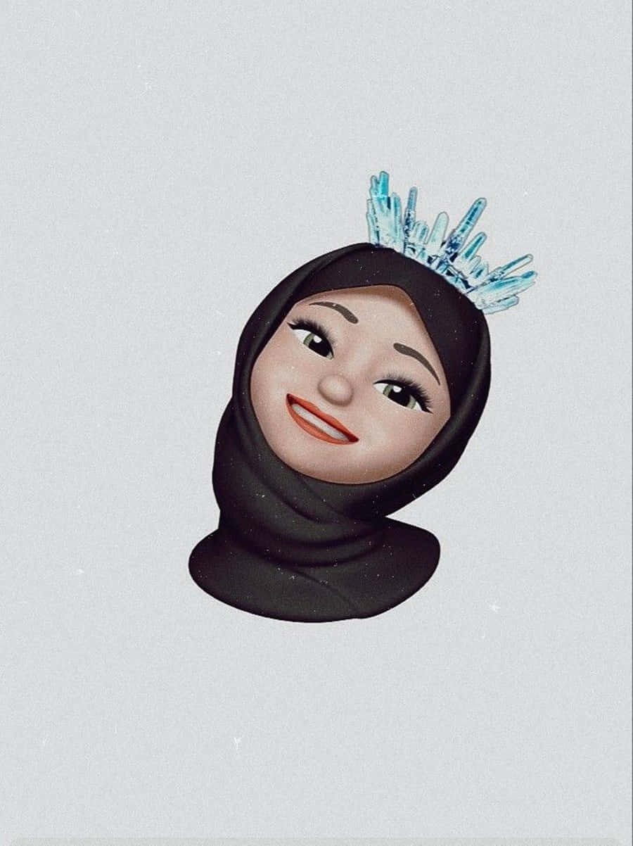 hijab cartoon 桌布 壁紙 — 一位快樂的插圖女性，戴著黑色頭巾和閃閃發光的藍色水晶皇冠，背景是柔和的灰色。