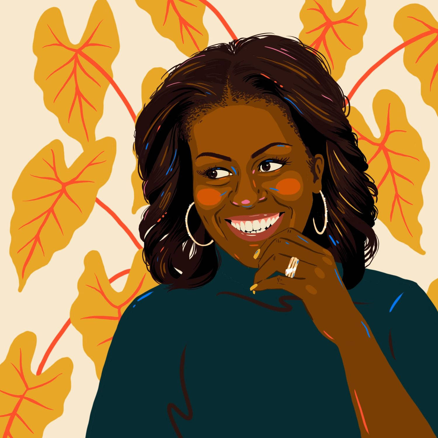Michelle 桌布 壁紙 — 一位快樂的深色捲髮女性，在溫暖黃色和橙色色調的風格化秋葉背景下溫暖微笑。