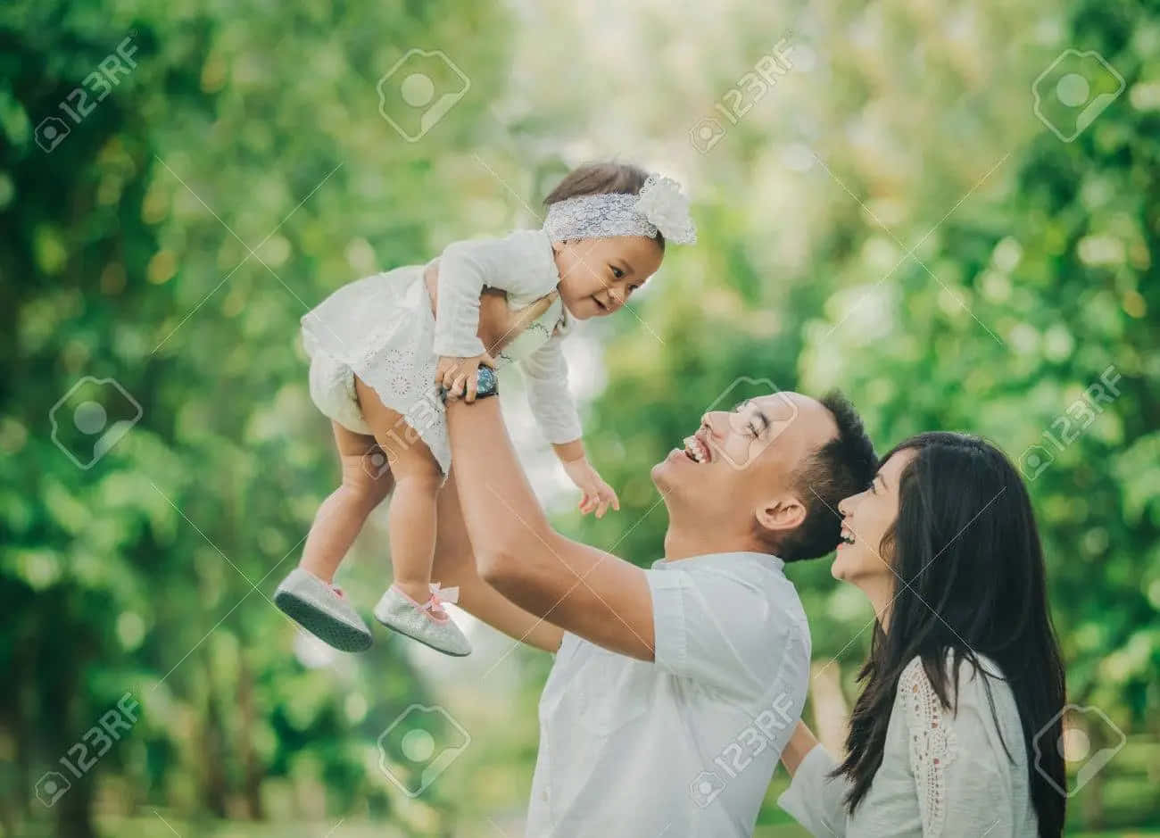Family 桌布 壁紙 — 一位快樂的父親高高舉起大笑的小女兒，母親在他們旁邊微笑，背景是陽光明媚的綠色公園。