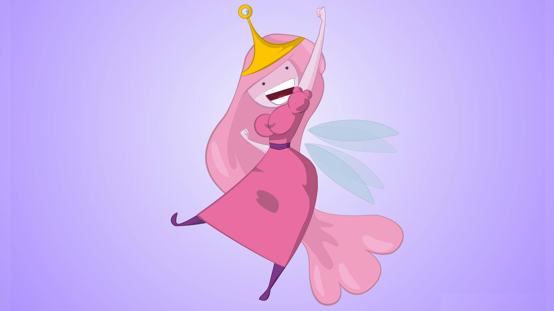 Princess 桌布 壁紙 — 一位快樂的粉紅色公主，長有翅膀和戴著皇冠，在柔和的紫色漸變背景上快樂地跳舞。