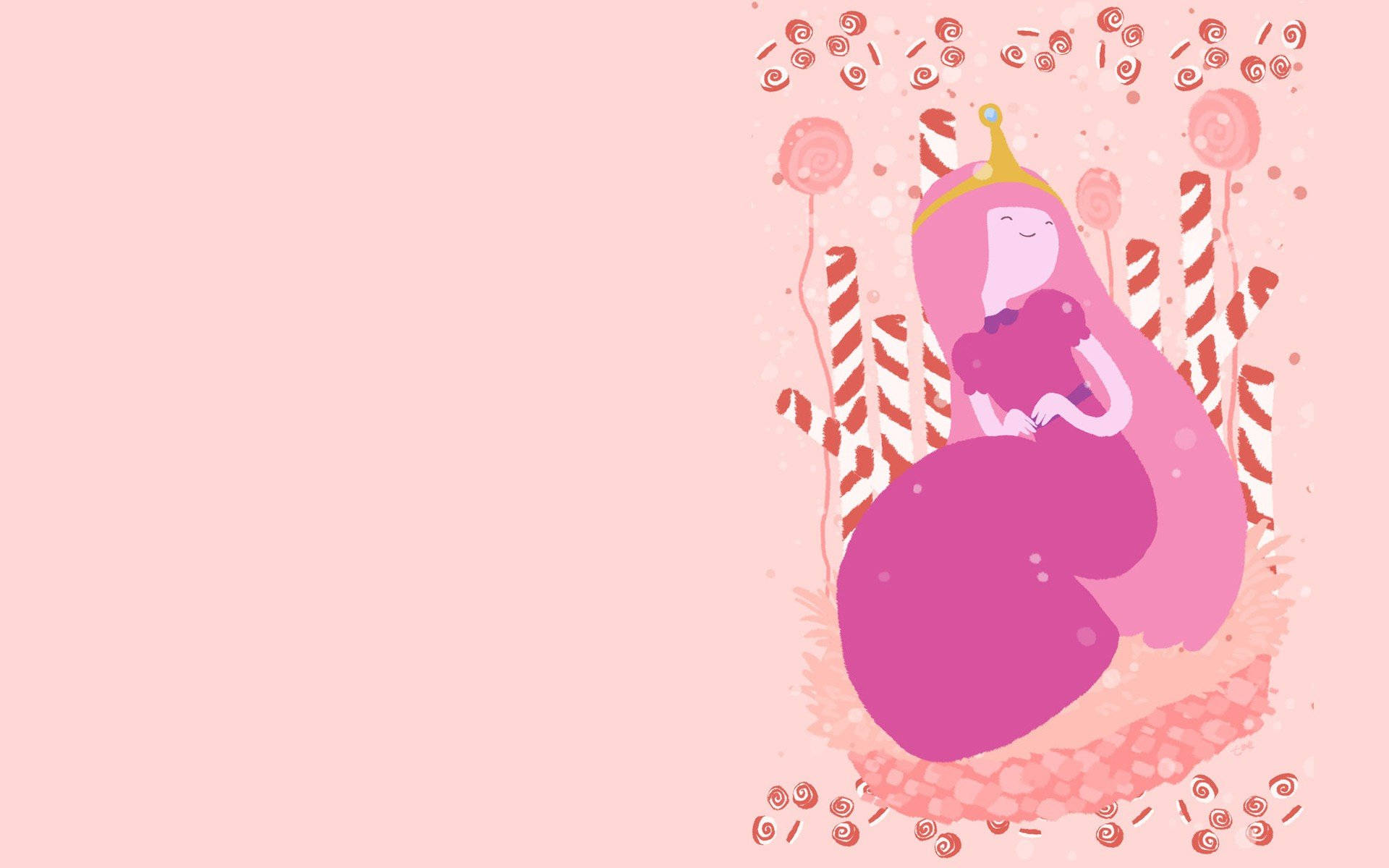 Princess 桌布 壁紙 — 一位快樂的粉紅色公主在糖果主題領域中，周圍環繞著棒棒糖和糖果手杖，背景是柔和的粉紅色。