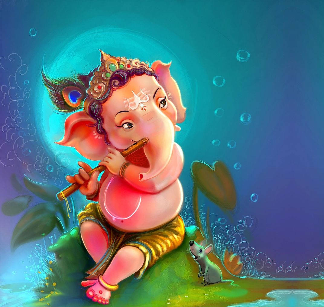 Hindu God 桌布 壁紙 — 一位快樂的粉紅色象頭神在水中與老鼠同伴一起吹笛，周圍有發光的泡泡和水生植物。
