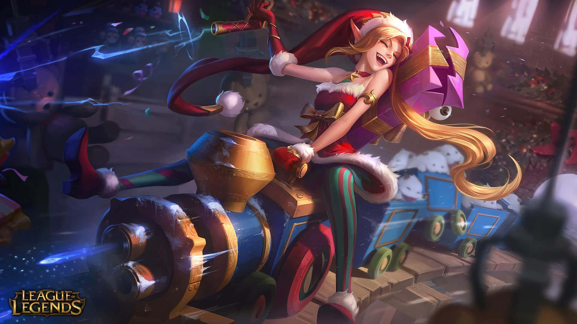 Jinx 桌布 壁紙 — 一位快樂的精靈女子乘坐節日列車穿越充滿發光燈光和雪花的魔法冬季仙境。