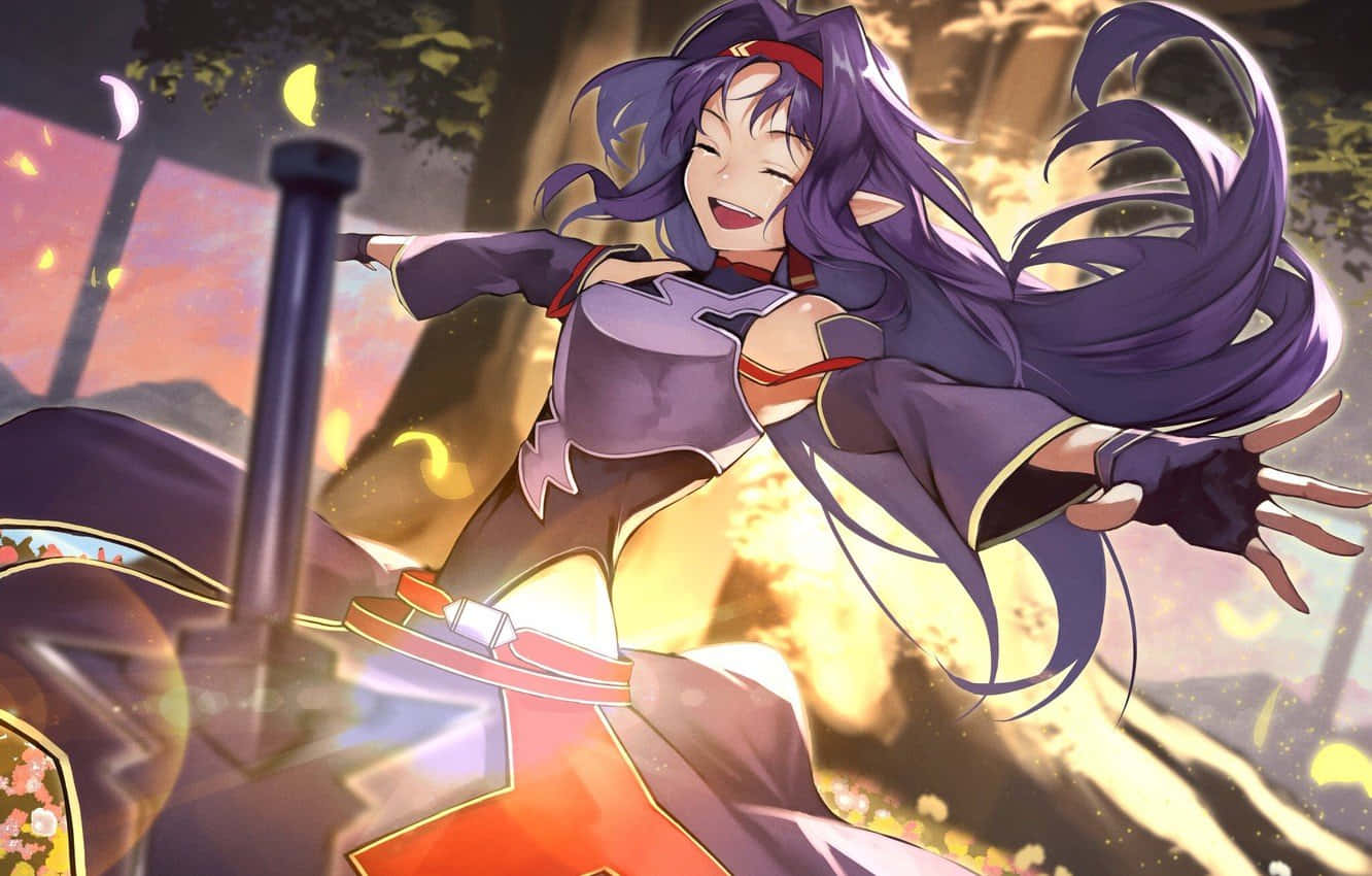 Yuuki Konno 桌布 壁紙 — 一位快樂的紫髮動漫女孩在閃爍的金色粒子和溫暖的日落背景下揮舞著劍。