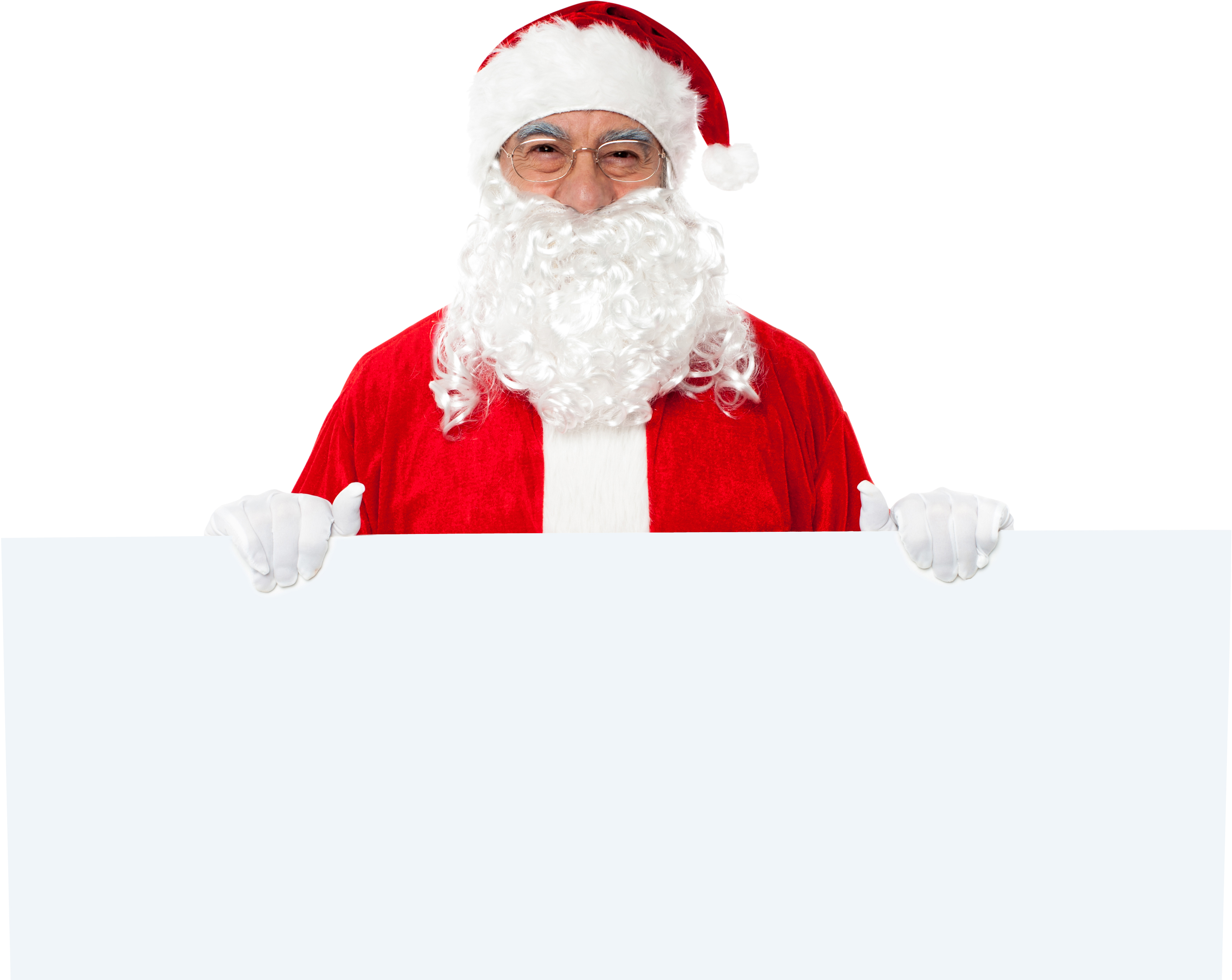 Clip Art 桌布 壁紙 — 一位快樂的老年男子穿著經典紅色聖誕老人服裝，白色鬍鬚和帽子，在黑色背景前拿著一個空白白色標牌。