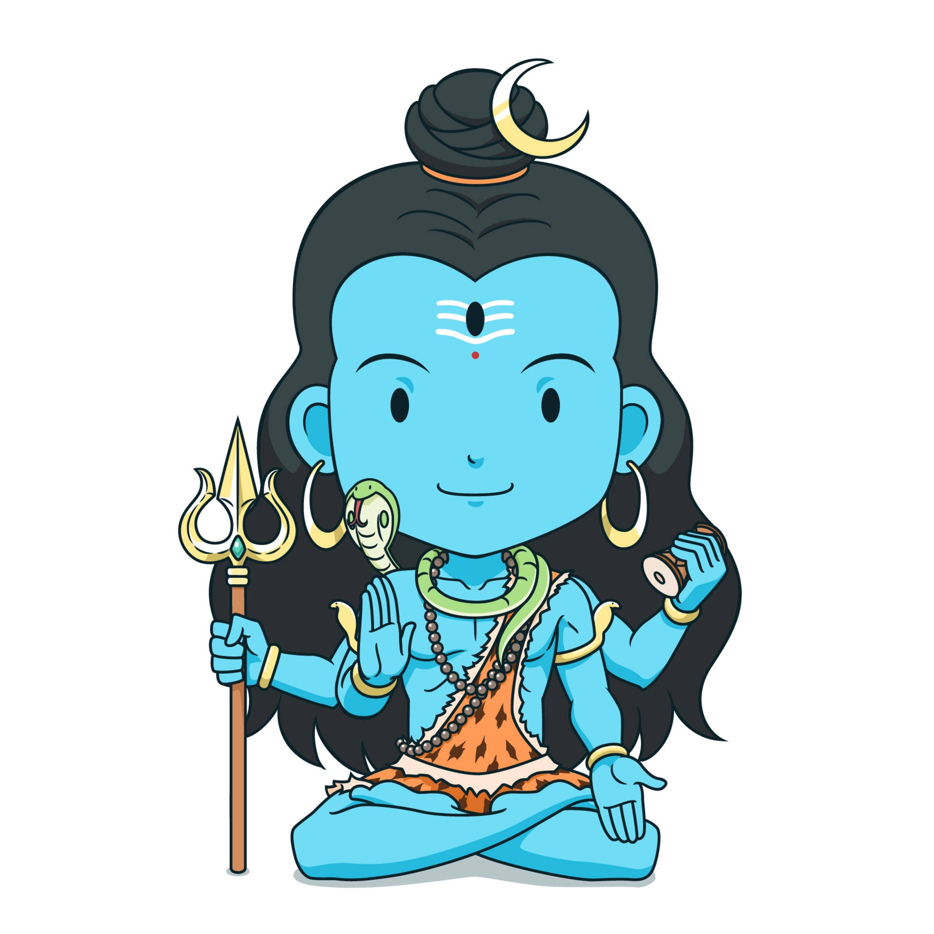 Shiva Cartoon 桌布 壁紙 — 一位快樂的藍皮膚印度神祇，頭髮上有新月，盤腿而坐，手持三叉戟和蛇。